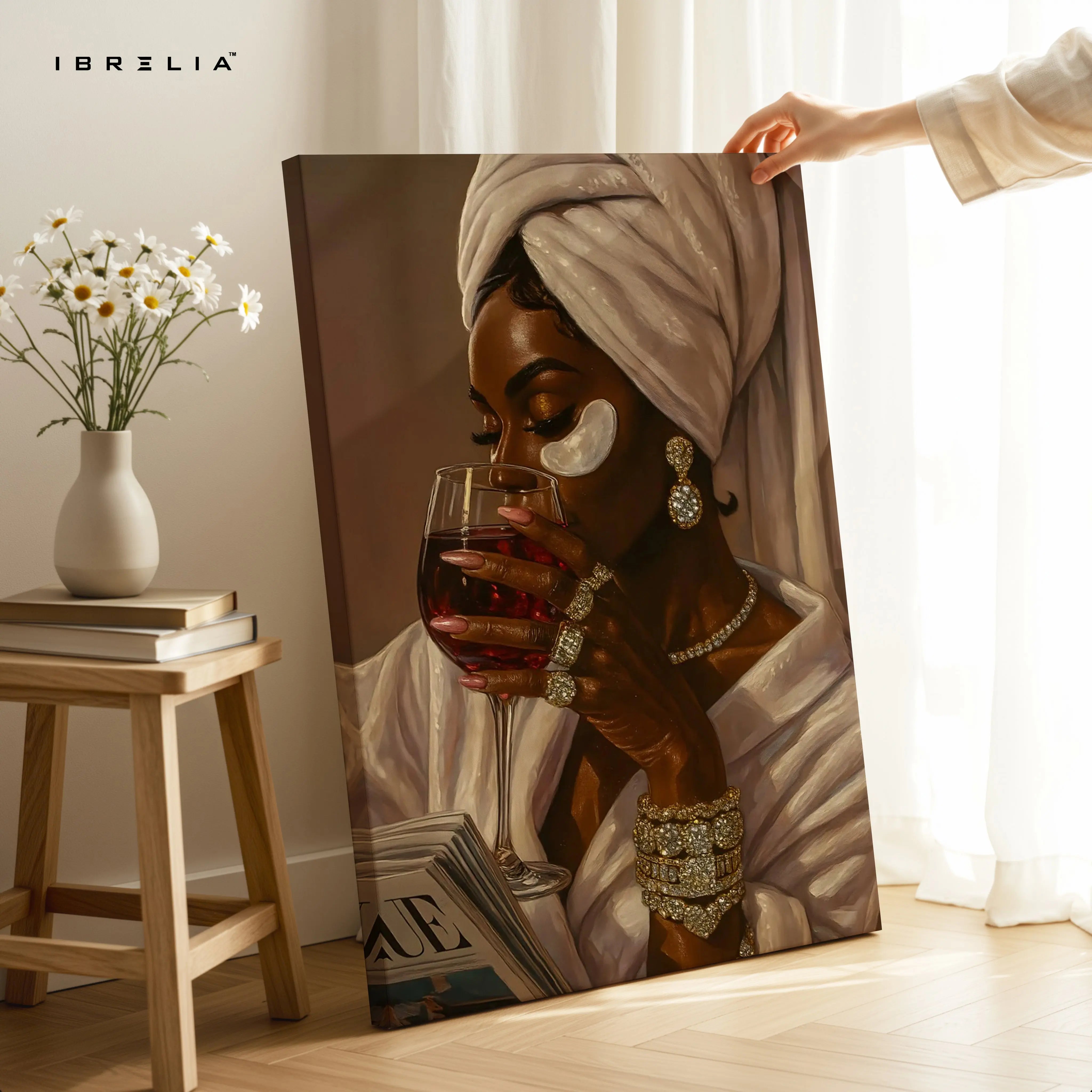 Luxury Self-Care Elegance Art – Woman Wine Vogue Aesthetic Wall Art | 4K Ultra Wrap Frame Wall Art in Pakistan | IBRELIA™ IBRELIA