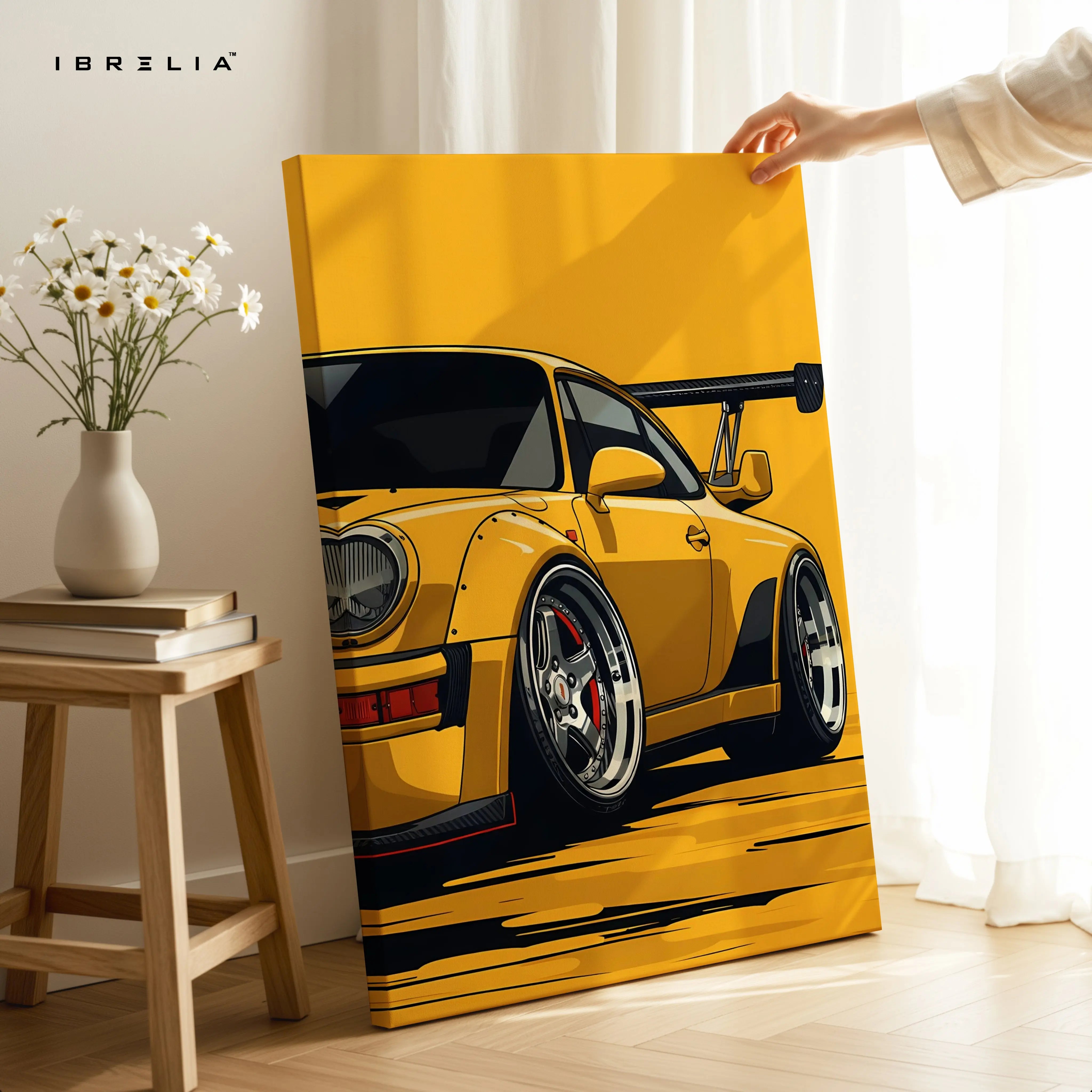 Porsche Yellow Widebody Wall Art – Sports Car Racing Canvas Frame Pakistan | JDM Style Car Poster | IBRELIA™ IBRELIA