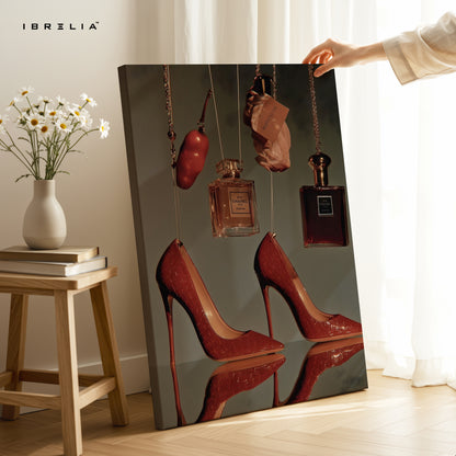 Luxury Heels & Perfume Still Life Art – 4K Ultra Wrap Frame Wall Art in Pakistan | IBRELIA™