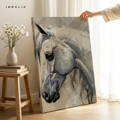 White Stallion Grace Art – Minimal Neutral Horse Portrait Wall Art | 4K Ultra Wrap Frame Wall Art in Pakistan | IBRELIA™ IBRELIA