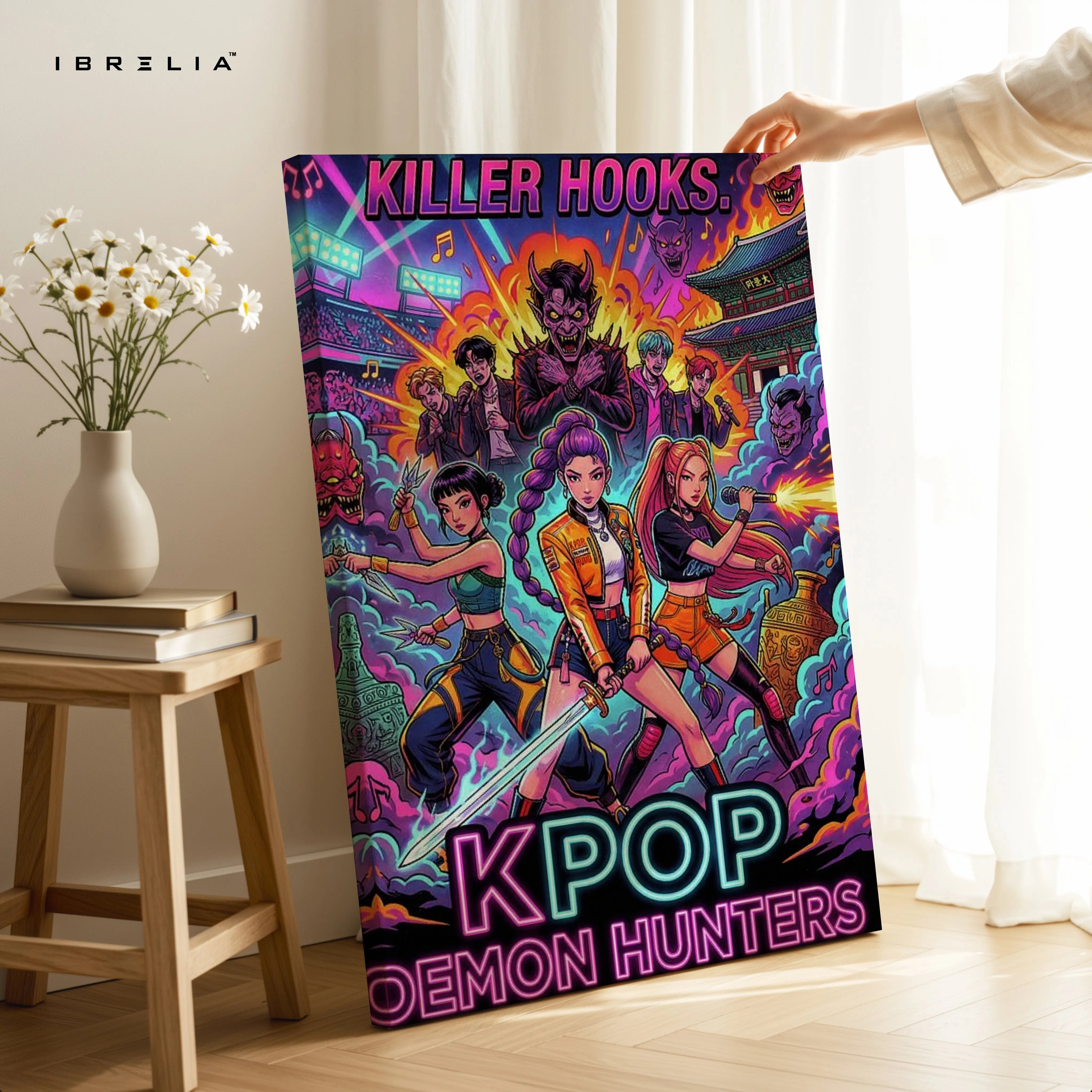 KPOP Demon Hunters Wall Art – Neon Anime Style Canvas Frame | Killer Hooks Poster Pakistan | IBRELIA™ IBRELIA