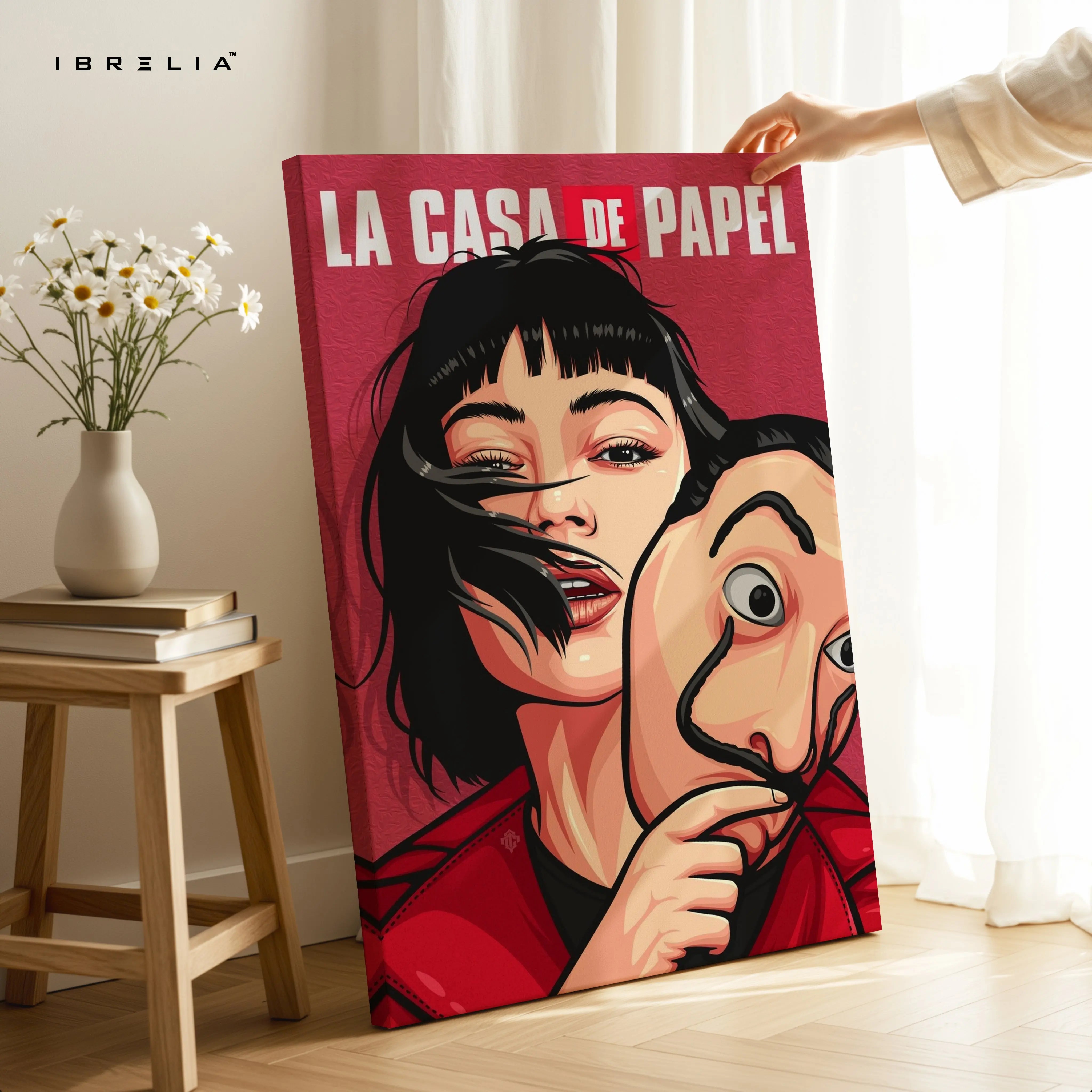 Heist Mask Girl Wall Art – Rebel Crime Canvas Frame | Bold Series Scene Decor Pakistan | IBRELIA™ IBRELIA
