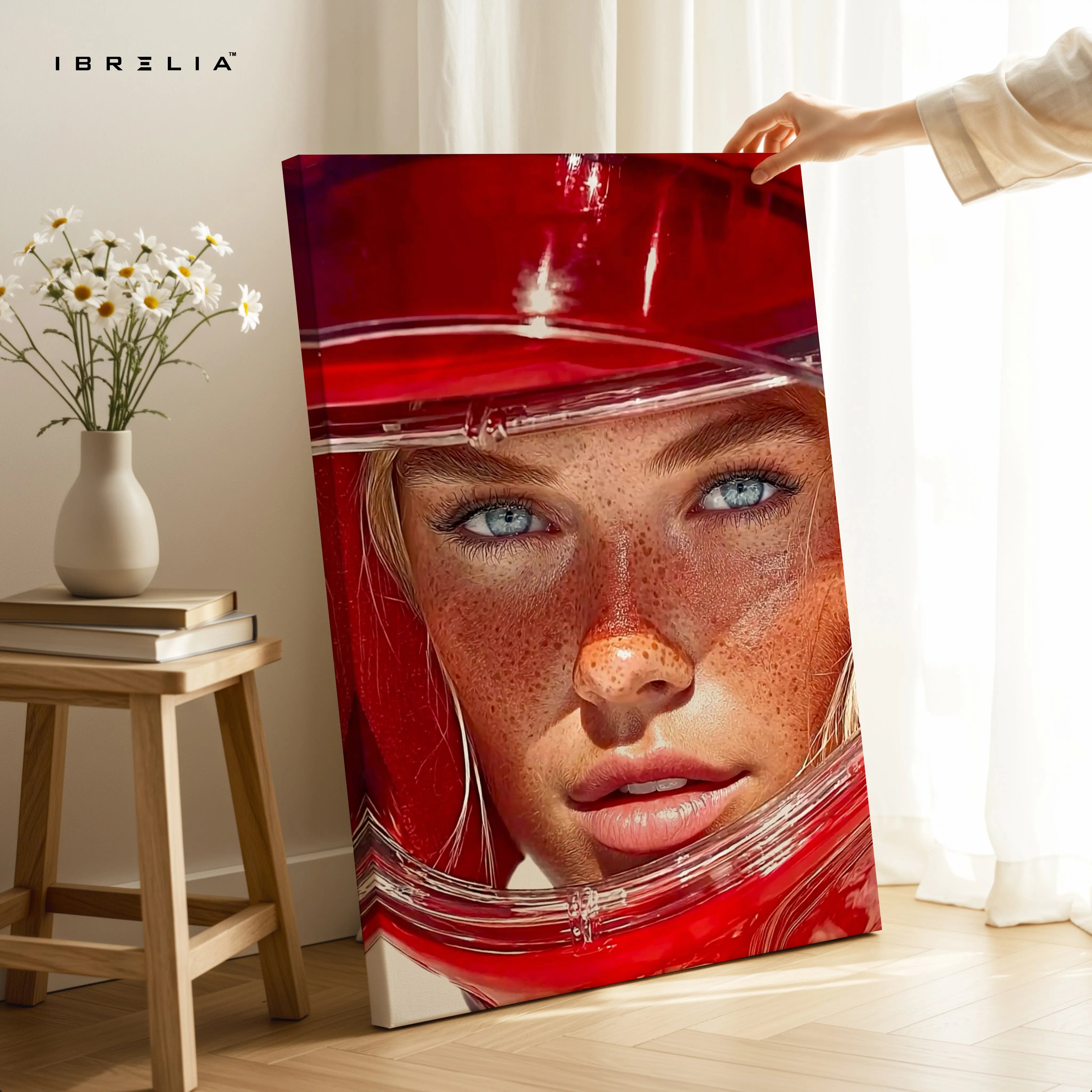 Red Helmet Portrait Wall Art – Aesthetic Fashion Canvas Frame | Bold Modern Female Poster Pakistan | IBRELIA™ IBRELIA