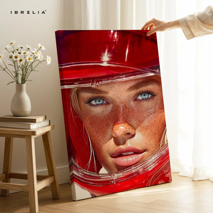 Red Helmet Portrait Wall Art – Aesthetic Fashion Canvas Frame | Bold Modern Female Poster Pakistan | IBRELIA™ IBRELIA