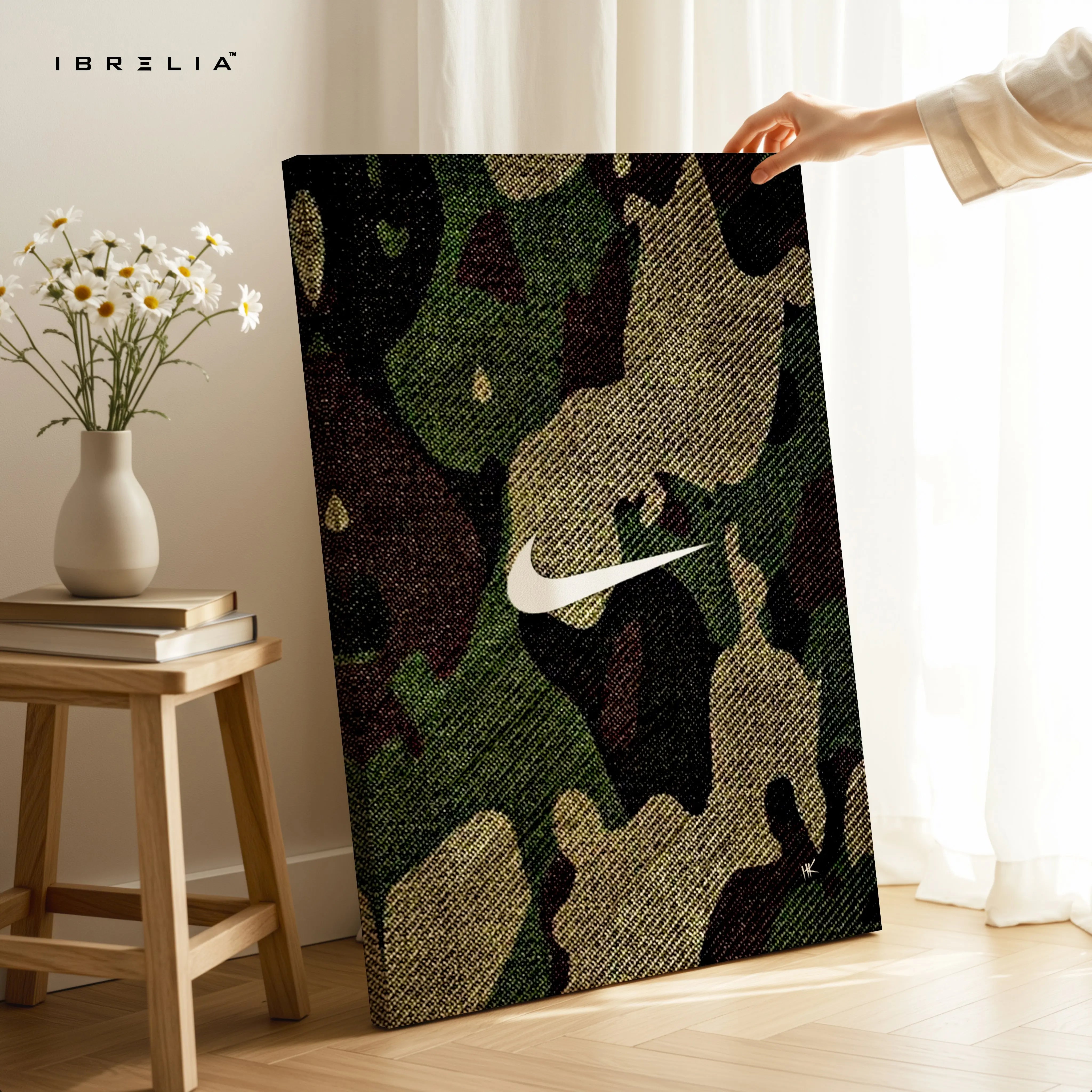 Camo Nike Minimal Wall Art – Streetwear Aesthetic Canvas Frame | Military Pattern Sneaker Style Poster Pakistan | IBRELIA™ IBRELIA