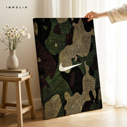 Camo Nike Minimal Wall Art – Streetwear Aesthetic Canvas Frame | Military Pattern Sneaker Style Poster Pakistan | IBRELIA™ IBRELIA
