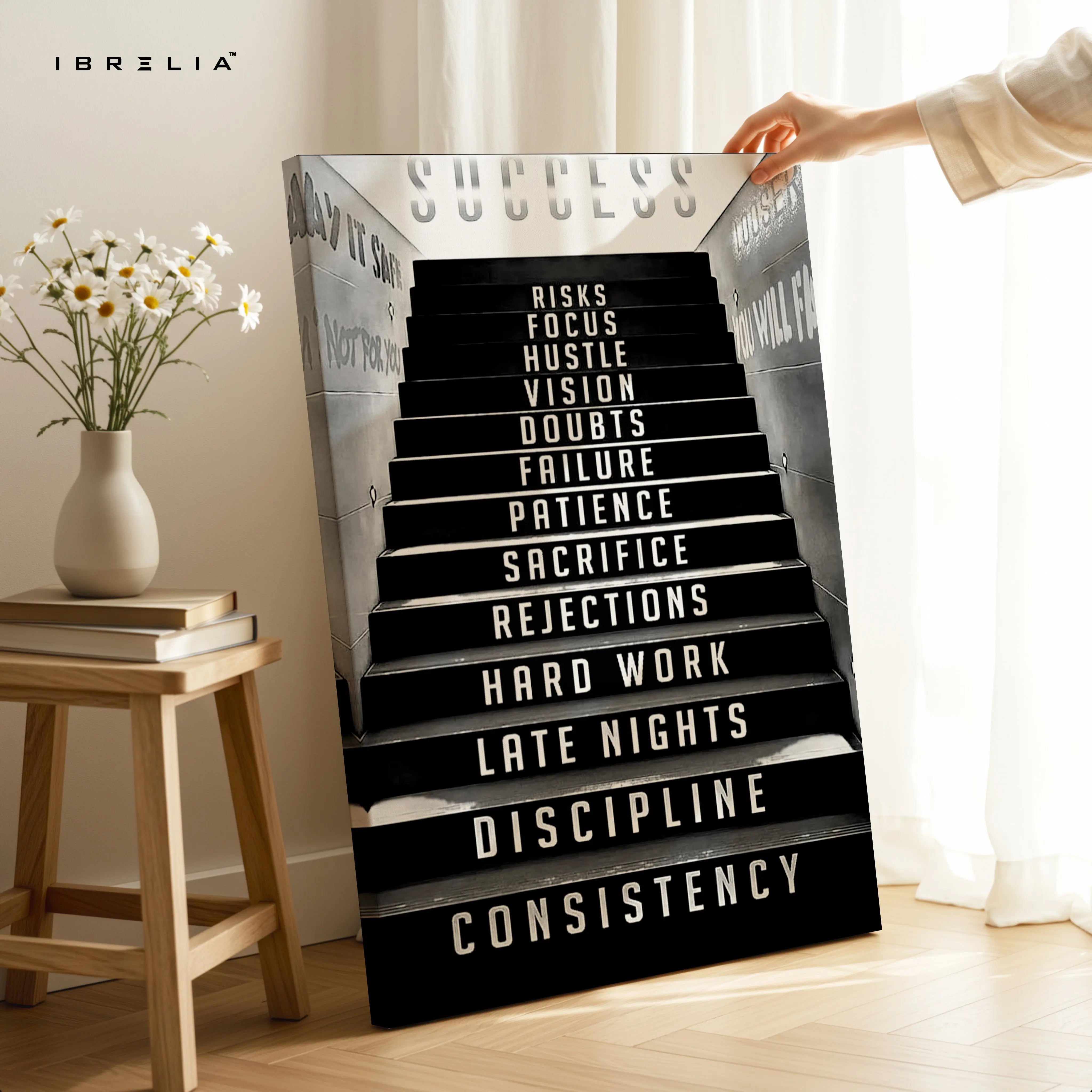 Success Staircase Motivation Wall Art – Hustle & Discipline Canvas Frame | Inspirational Office Poster Pakistan | IBRELIA™ IBRELIA