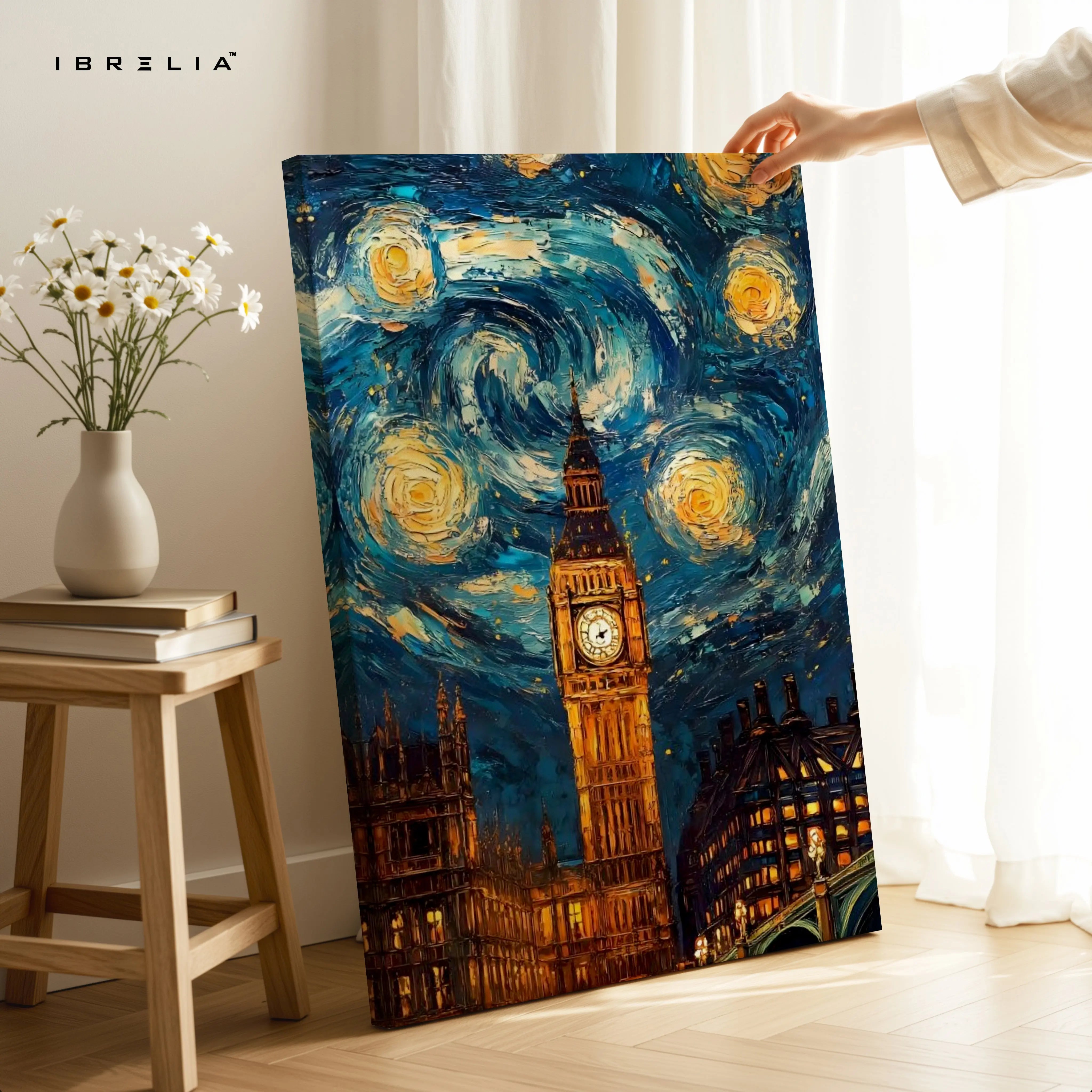Big Ben Starry Night Wall Art – London Artistic Canvas Frame | Van Gogh Style Cityscape Poster Pakistan | IBRELIA™ IBRELIA