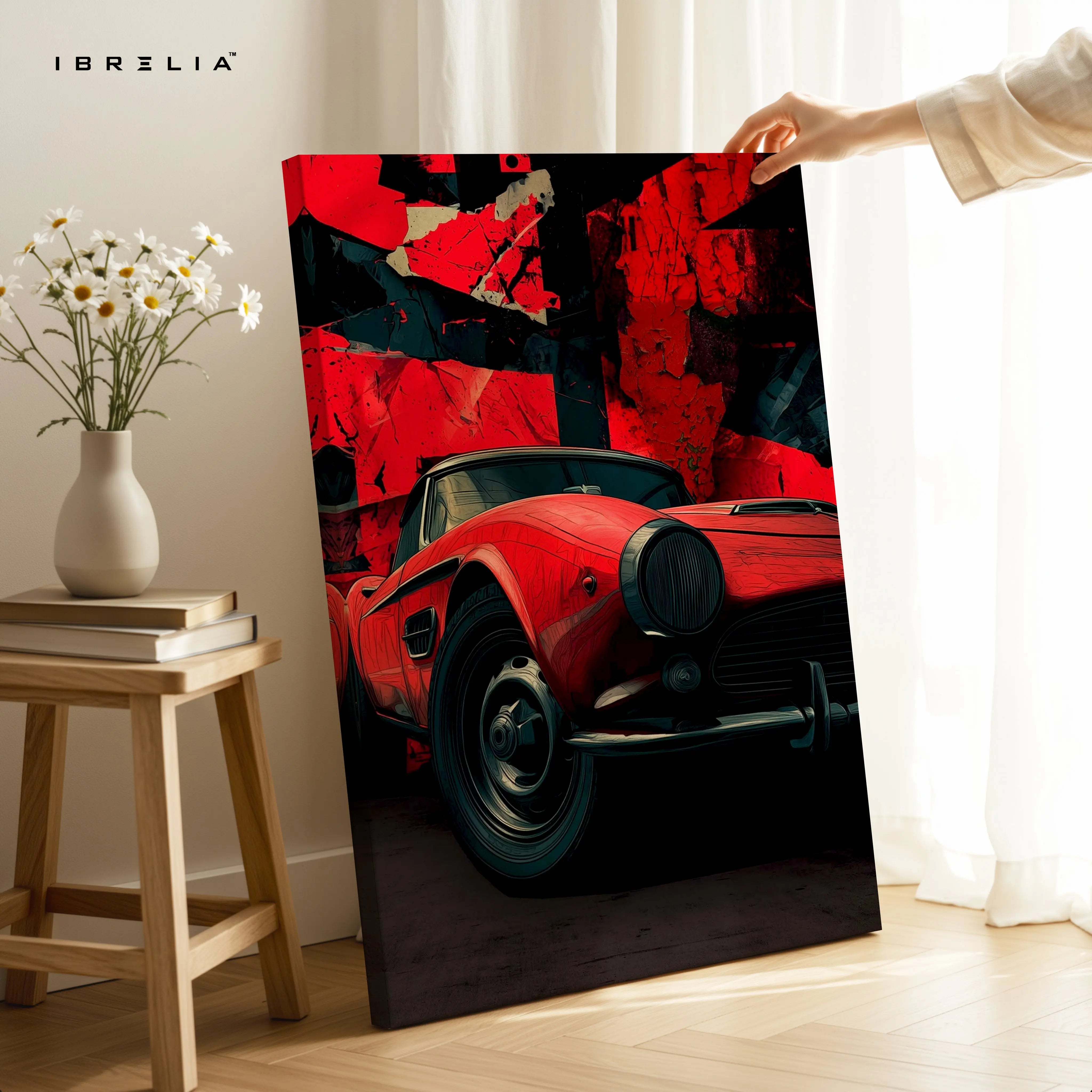 Vintage Red Sports Car Wall Art – Classic Car Canvas Frame Pakistan | Retro Automotive Poster | IBRELIA™ IBRELIA