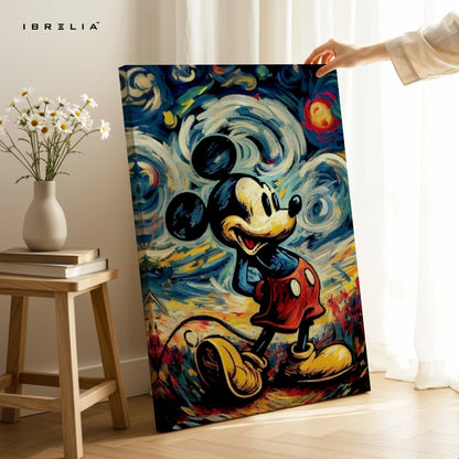 Mickey Mouse Starry Night Wall Art – Artistic Cartoon Canvas Frame | Abstract Classic Painting Style Poster Pakistan | IBRELIA™ IBRELIA