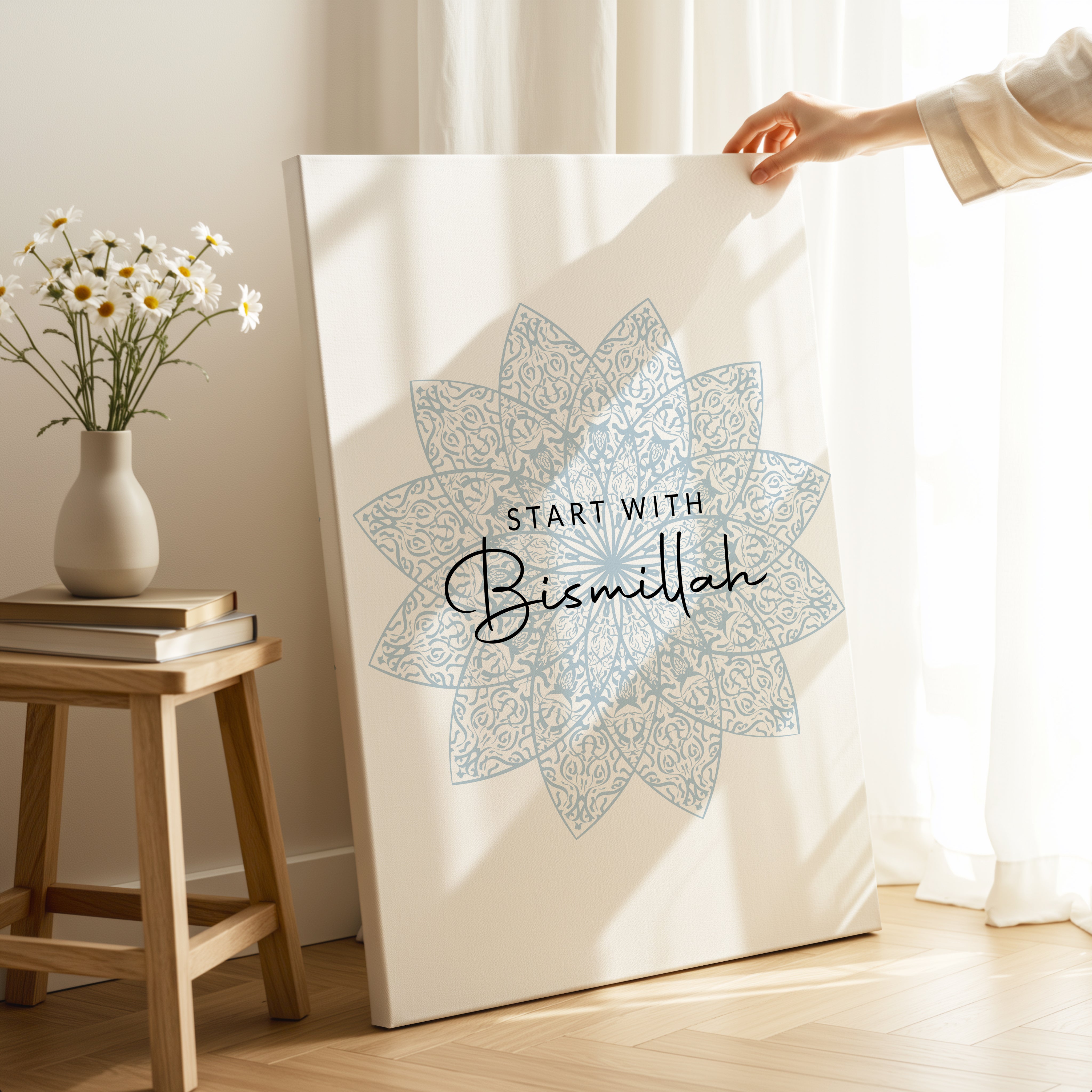 Start With Bismillah Islamic Wall Art – Soft Blue Mandala Design | 4K Ultra Wrap Frame Wall Art in Pakistan | IBRELIA™