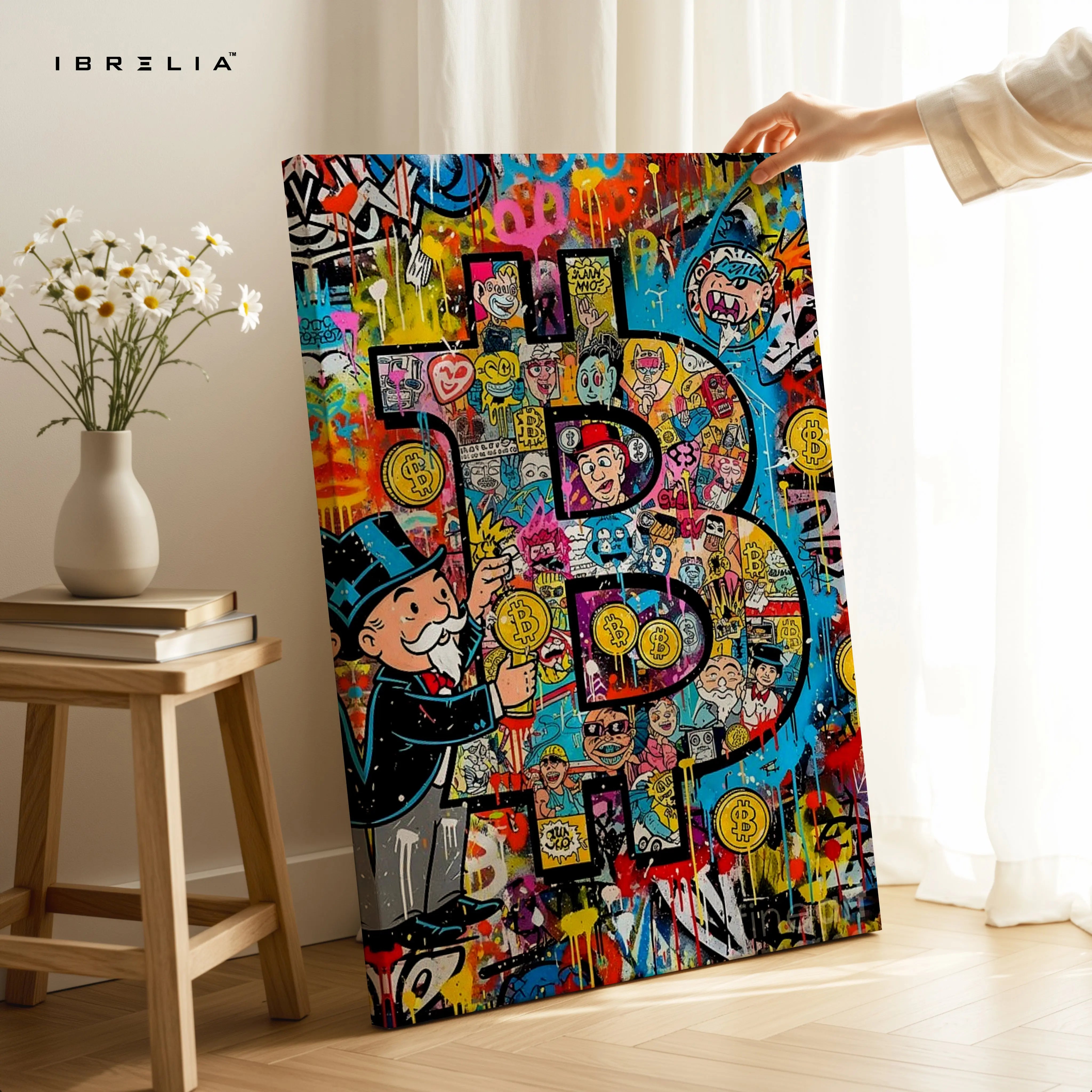 Bitcoin Graffiti Wall Art – Crypto Street Art Canvas | Monopoly Bitcoin Poster | Modern Finance Wall Decor Pakistan | IBRELIA™ IBRELIA