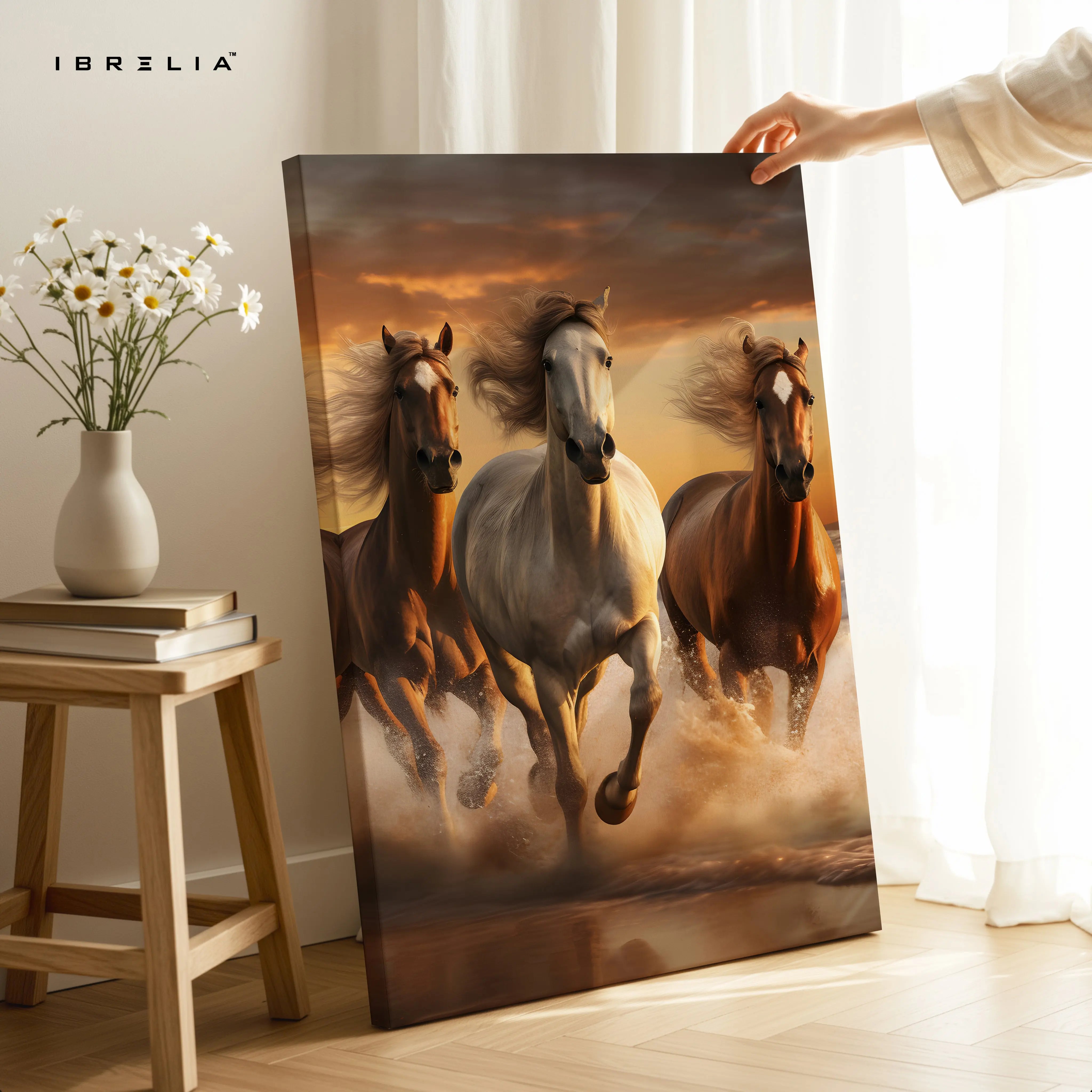 Wild Stallions Power Art – Running Horses Golden Sunset Wall Art | 4K Ultra Wrap Frame Wall Art in Pakistan | IBRELIA™ IBRELIA