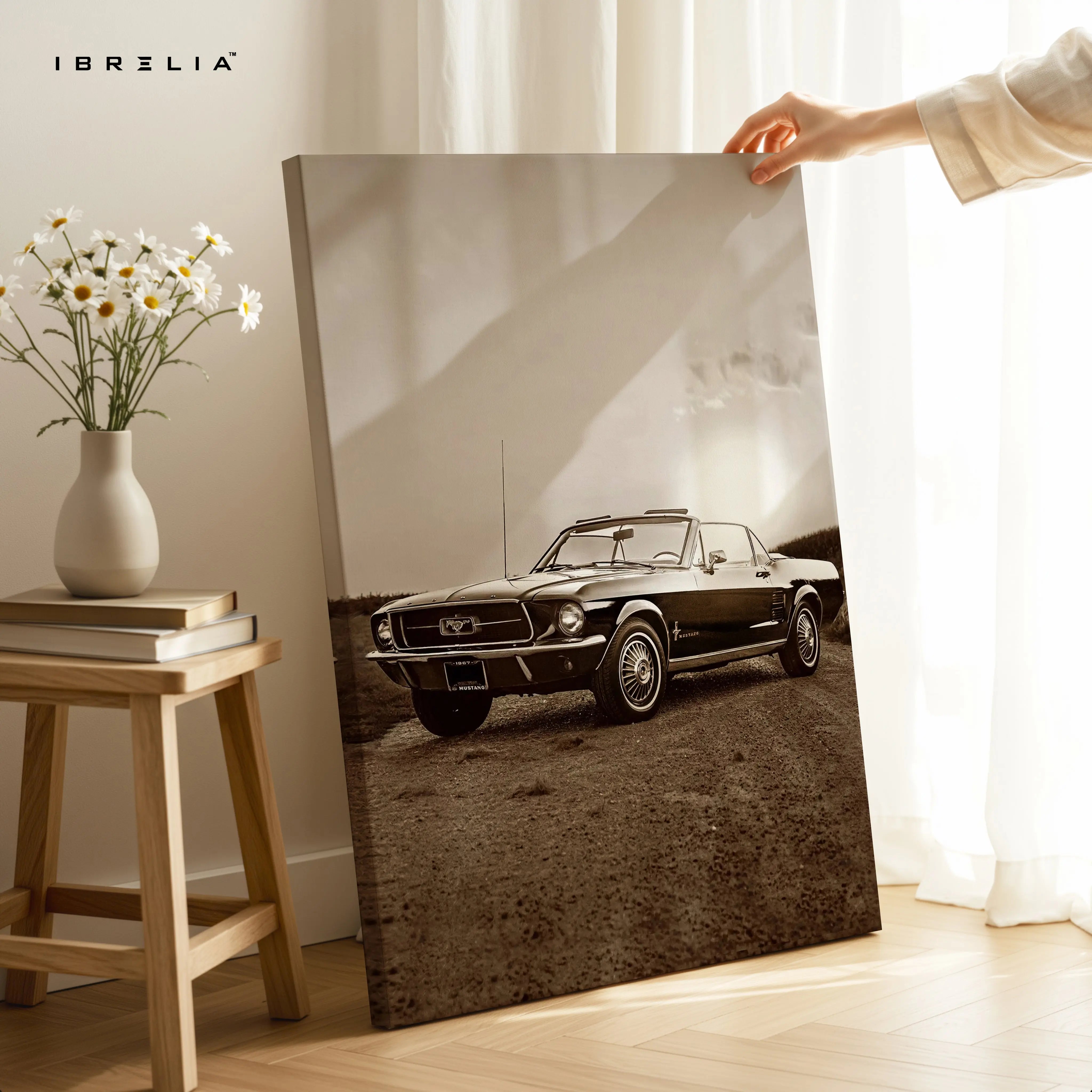 Vintage Ford Mustang Convertible Wall Art – Classic Muscle Car Poster | Retro Sepia Car Wall Frame in Pakistan | IBRELIA™ IBRELIA