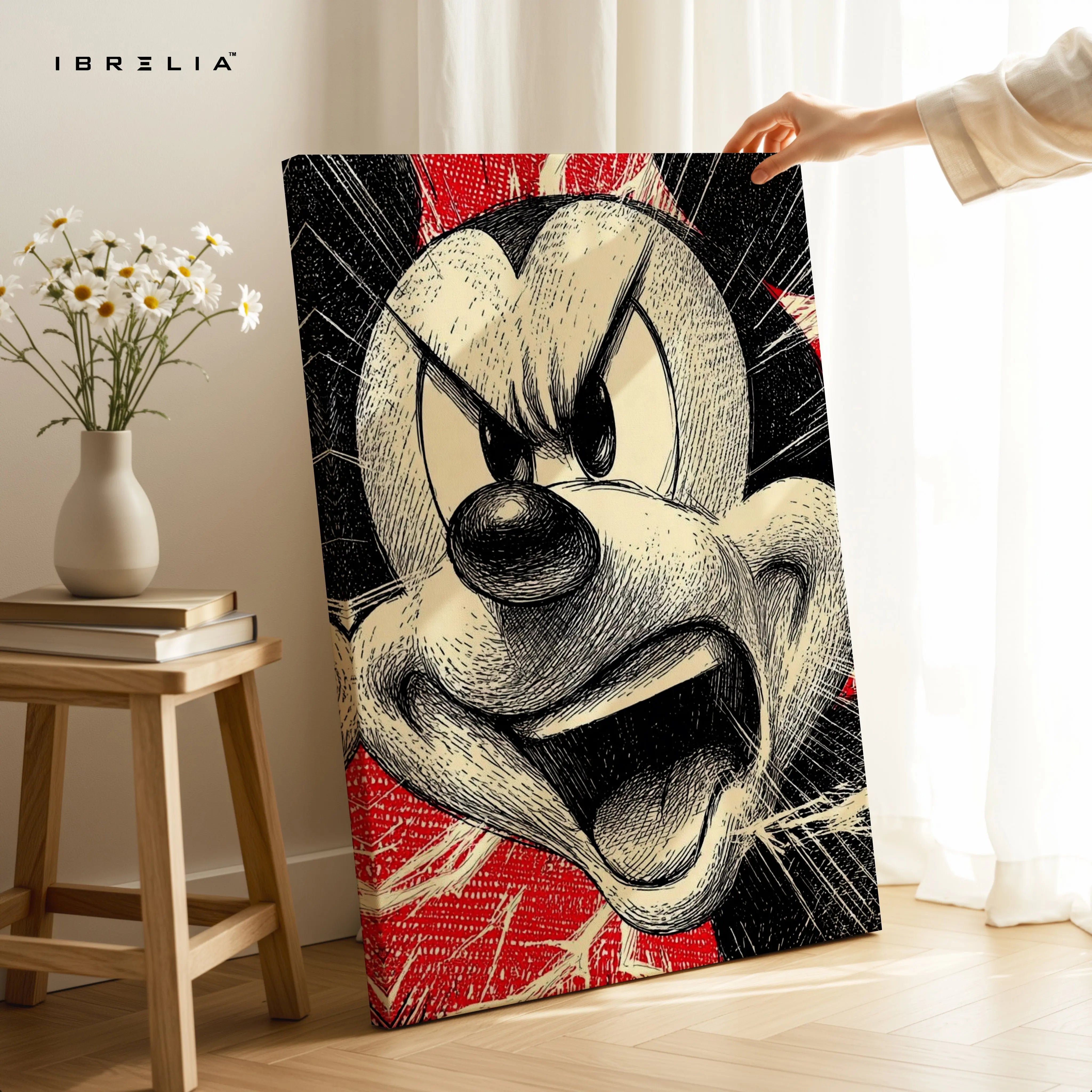 Mickey Angry Sketch Wall Art – Vintage Cartoon Canvas Frame | Bold Pop Art Poster Pakistan | IBRELIA™ IBRELIA