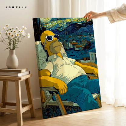 Homer Simpson Starry Chill Wall Art – Artistic Cartoon Canvas Frame | Van Gogh Style Aesthetic Decor Pakistan | IBRELIA™ IBRELIA