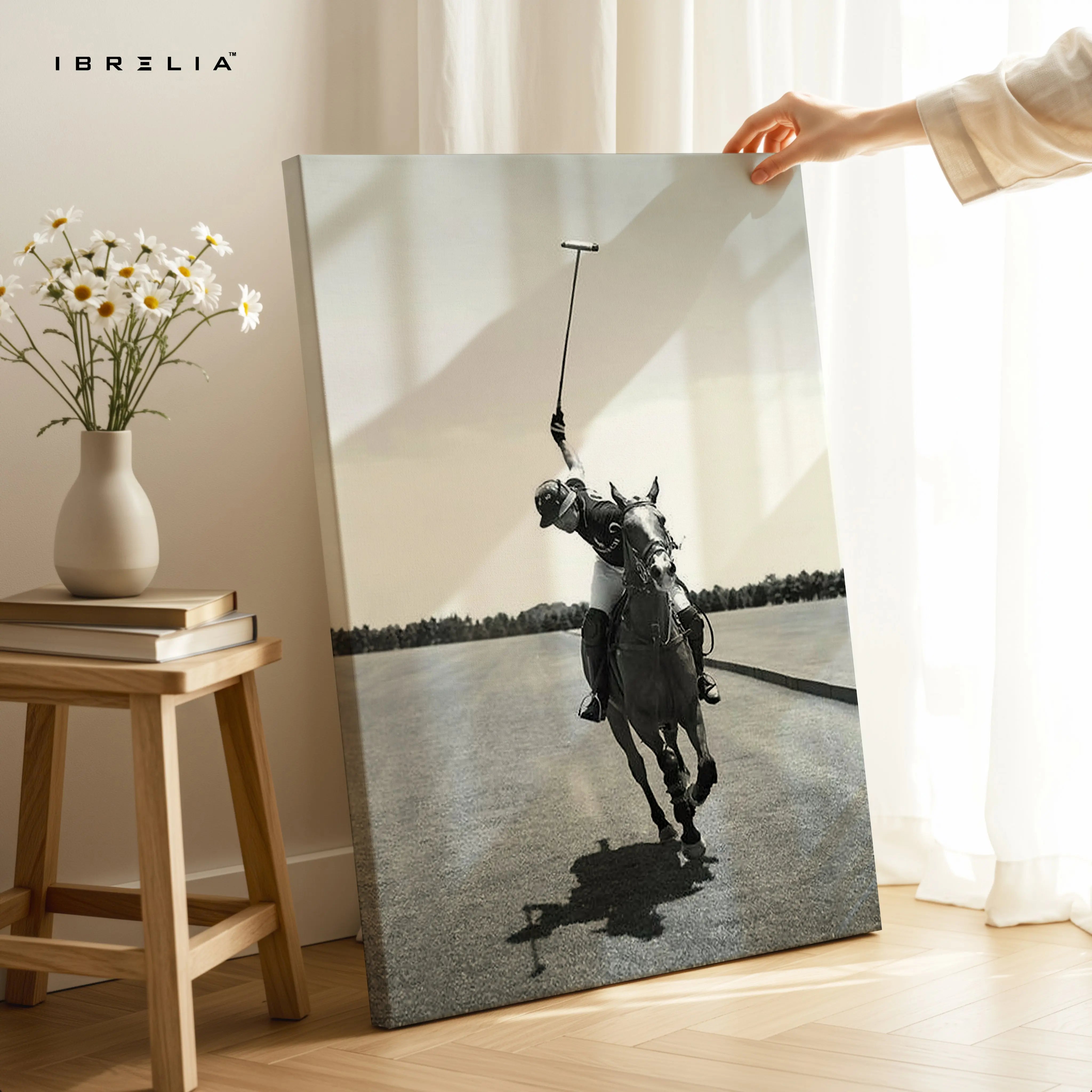 Polo Champion Action Art – Black & White Horse Rider Sports Wall Art | 4K Ultra Wrap Frame Wall Art in Pakistan | IBRELIA™ IBRELIA