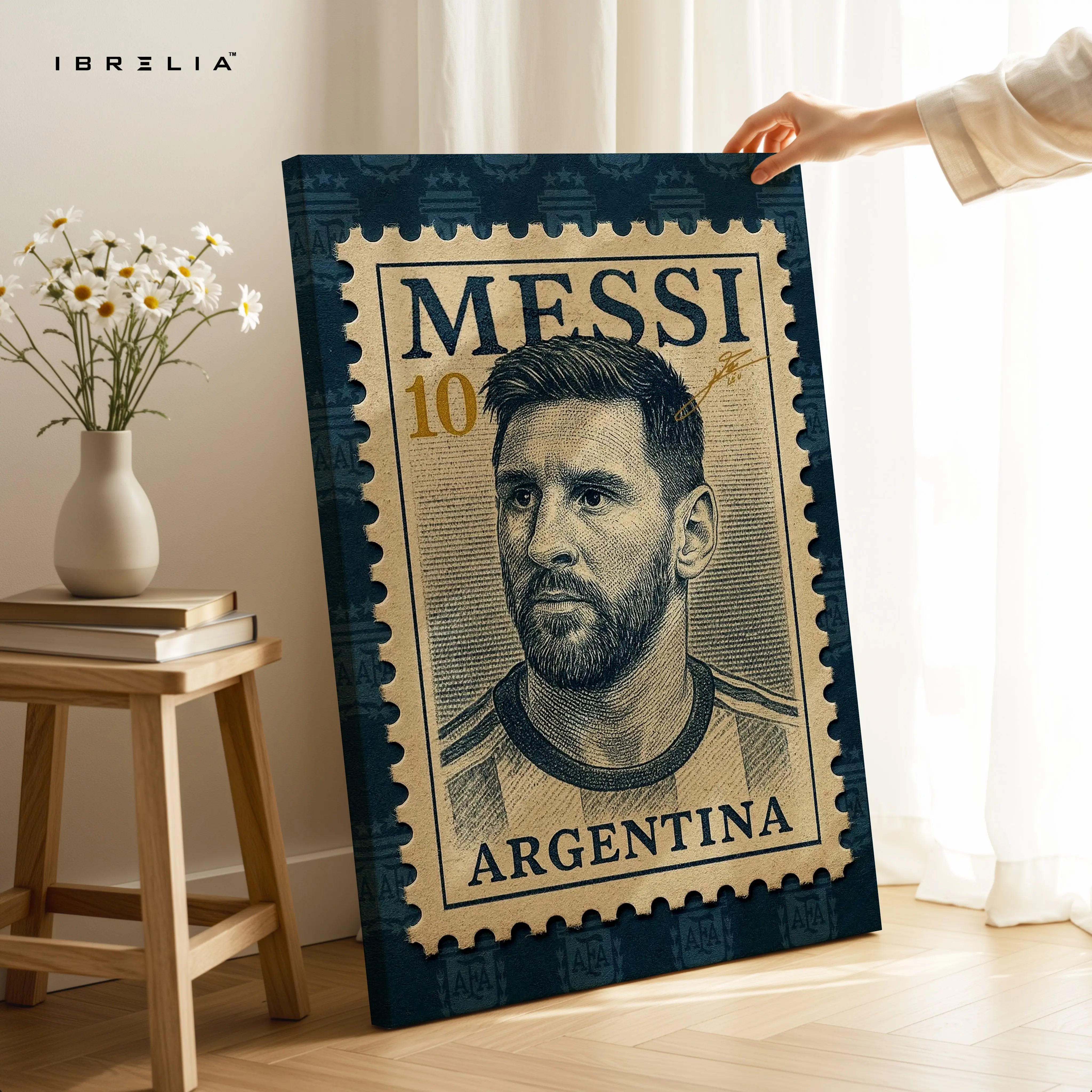 Lionel Messi Vintage Wall Art – Argentina Football Legend Canvas Frame | Retro Stamp Style Poster Pakistan | IBRELIA™ IBRELIA