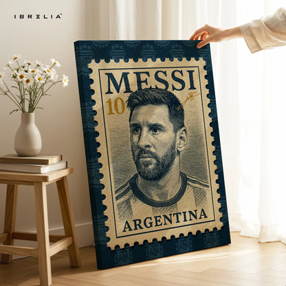 Lionel Messi Vintage Wall Art – Argentina Football Legend Canvas Frame | Retro Stamp Style Poster Pakistan | IBRELIA™ IBRELIA