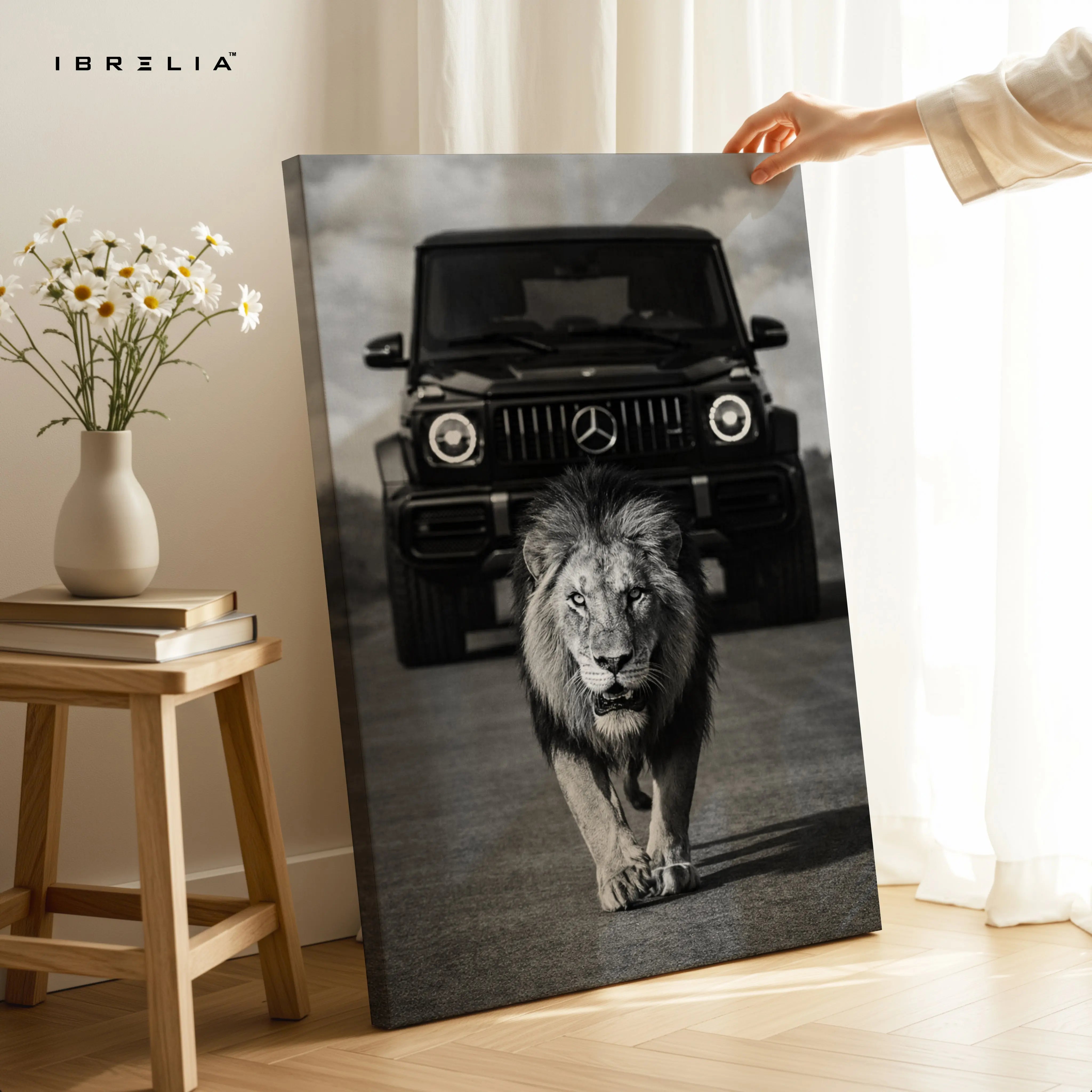 Lion & G Wagon Power Wall Art – Luxury Beast Black & White Canvas Frame | Bold Animal Car Poster Pakistan | IBRELIA™ IBRELIA