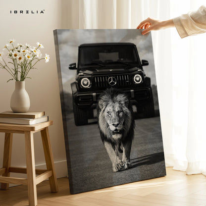 Lion & G Wagon Power Wall Art – Luxury Beast Black & White Canvas Frame | Bold Animal Car Poster Pakistan | IBRELIA™ IBRELIA