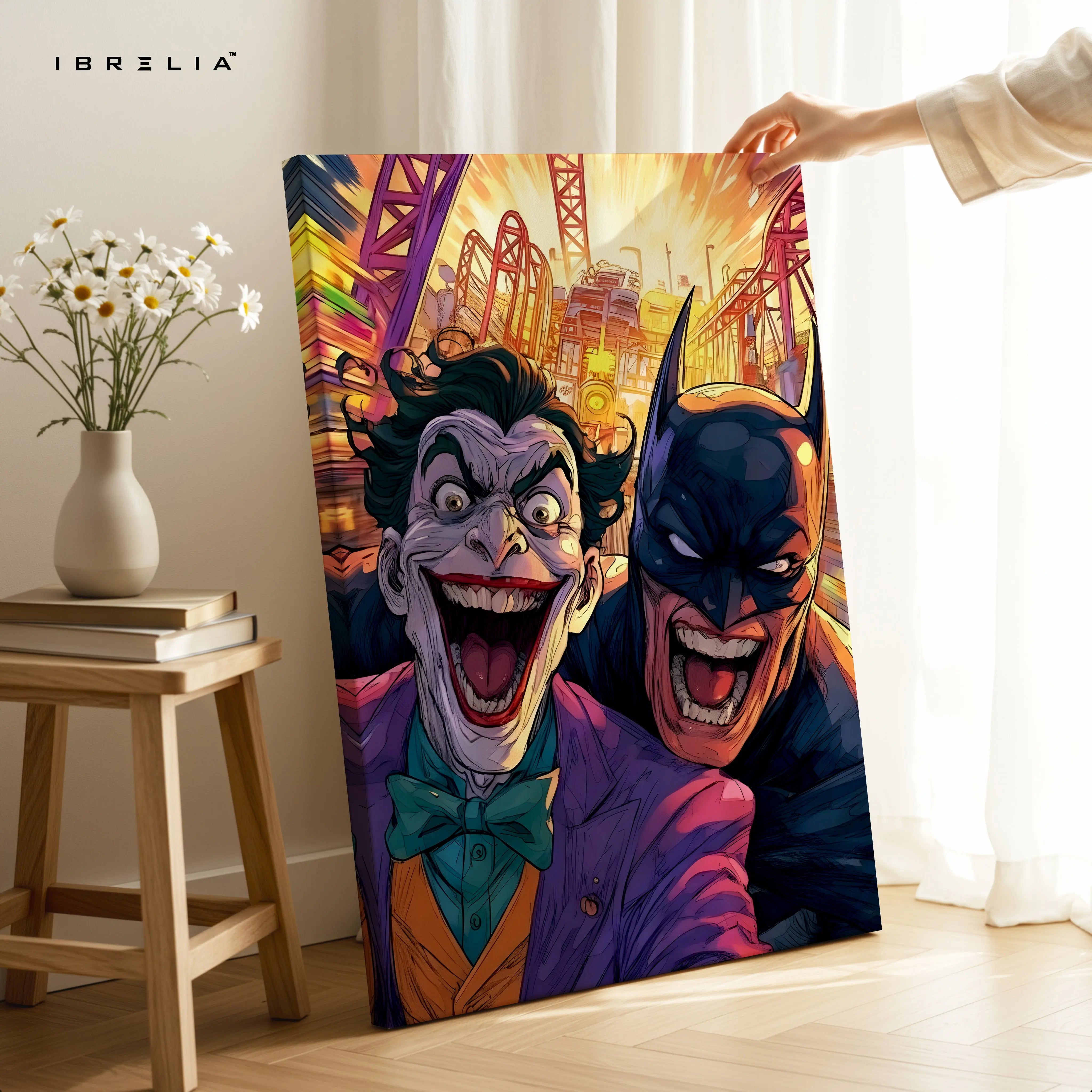 Batman vs Joker Wall Art – Chaos City Comic Style Canvas Frame | Gotham Villain & Hero Poster Pakistan | IBRELIA™ IBRELIA