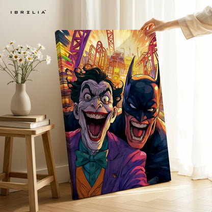 Batman vs Joker Wall Art – Chaos City Comic Style Canvas Frame | Gotham Villain & Hero Poster Pakistan | IBRELIA™ IBRELIA