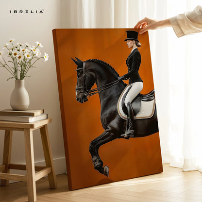 Royal Dressage Elegance Art – Black Horse Rider Luxury Minimal Wall Art | 4K Ultra Wrap Frame Wall Art in Pakistan | IBRELIA™ IBRELIA