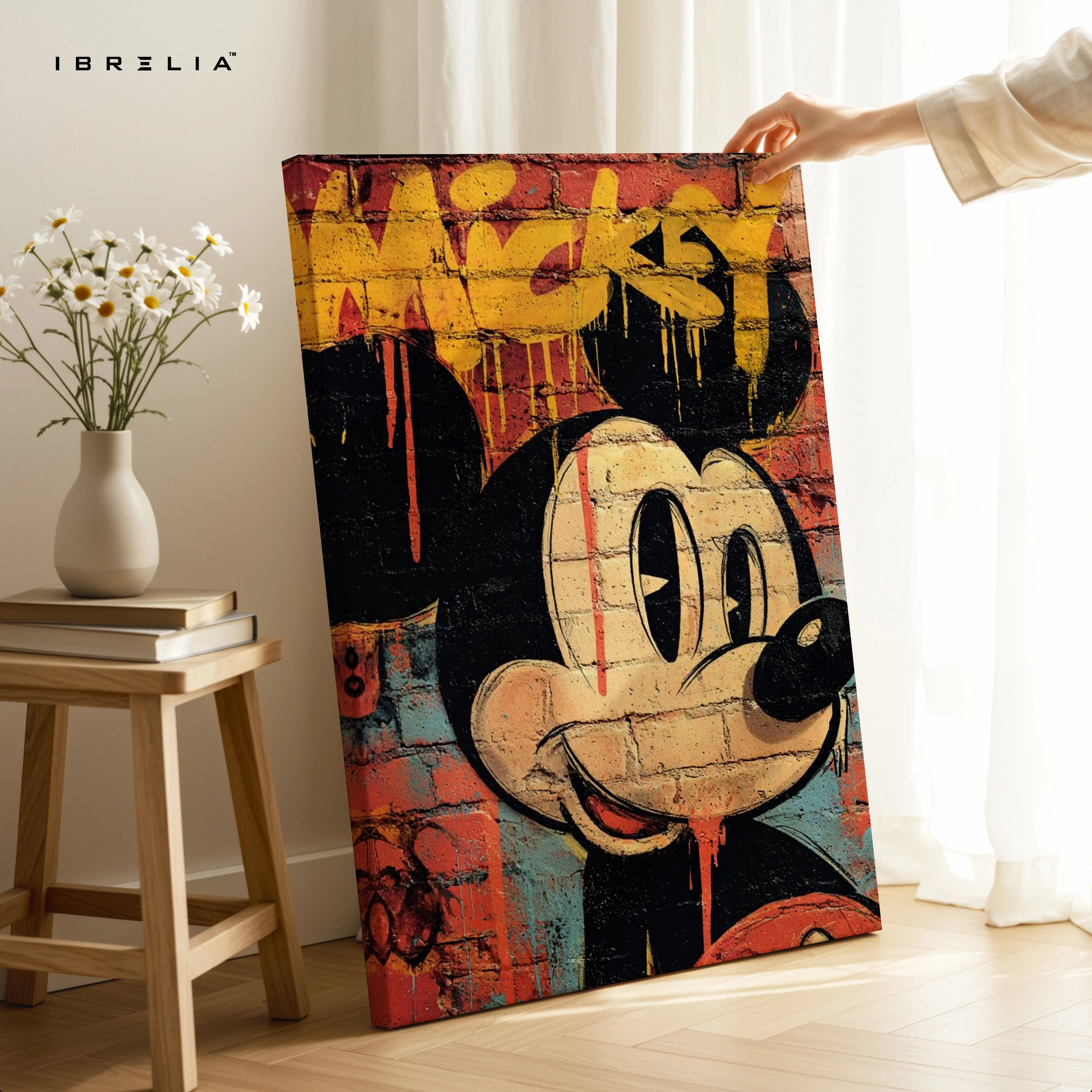 Mickey Mouse Graffiti Wall Art – Street Art Cartoon Canvas Frame | Urban Brick Style Poster Pakistan | IBRELIA™ IBRELIA