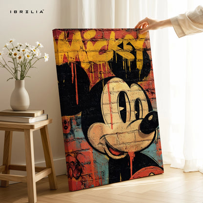 Mickey Mouse Graffiti Wall Art – Street Art Cartoon Canvas Frame | Urban Brick Style Poster Pakistan | IBRELIA™ IBRELIA
