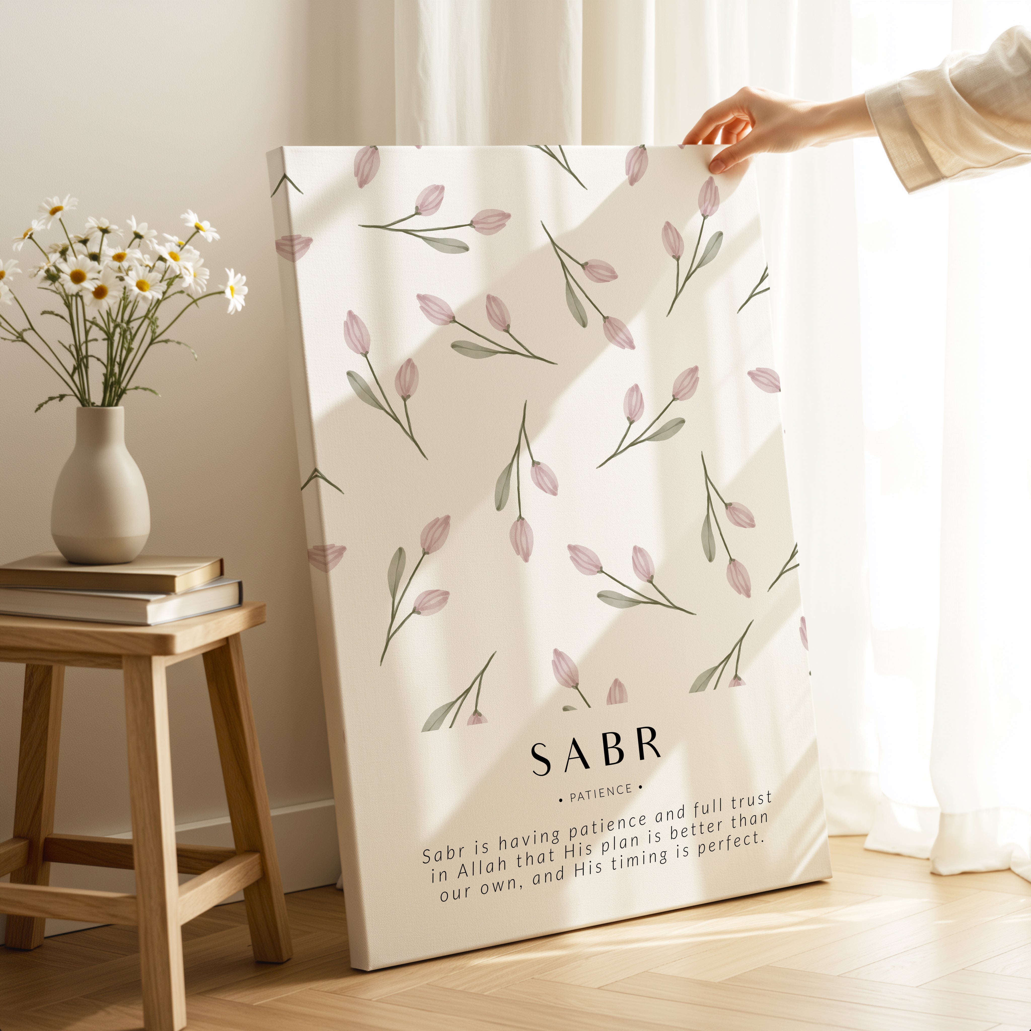 Sabr Patience Islamic Wall Art – Soft Pink Tulip Floral Design | 4K Ultra Wrap Frame Wall Art in Pakistan | IBRELIA™