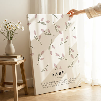 Sabr Patience Islamic Wall Art – Soft Pink Tulip Floral Design | 4K Ultra Wrap Frame Wall Art in Pakistan | IBRELIA™