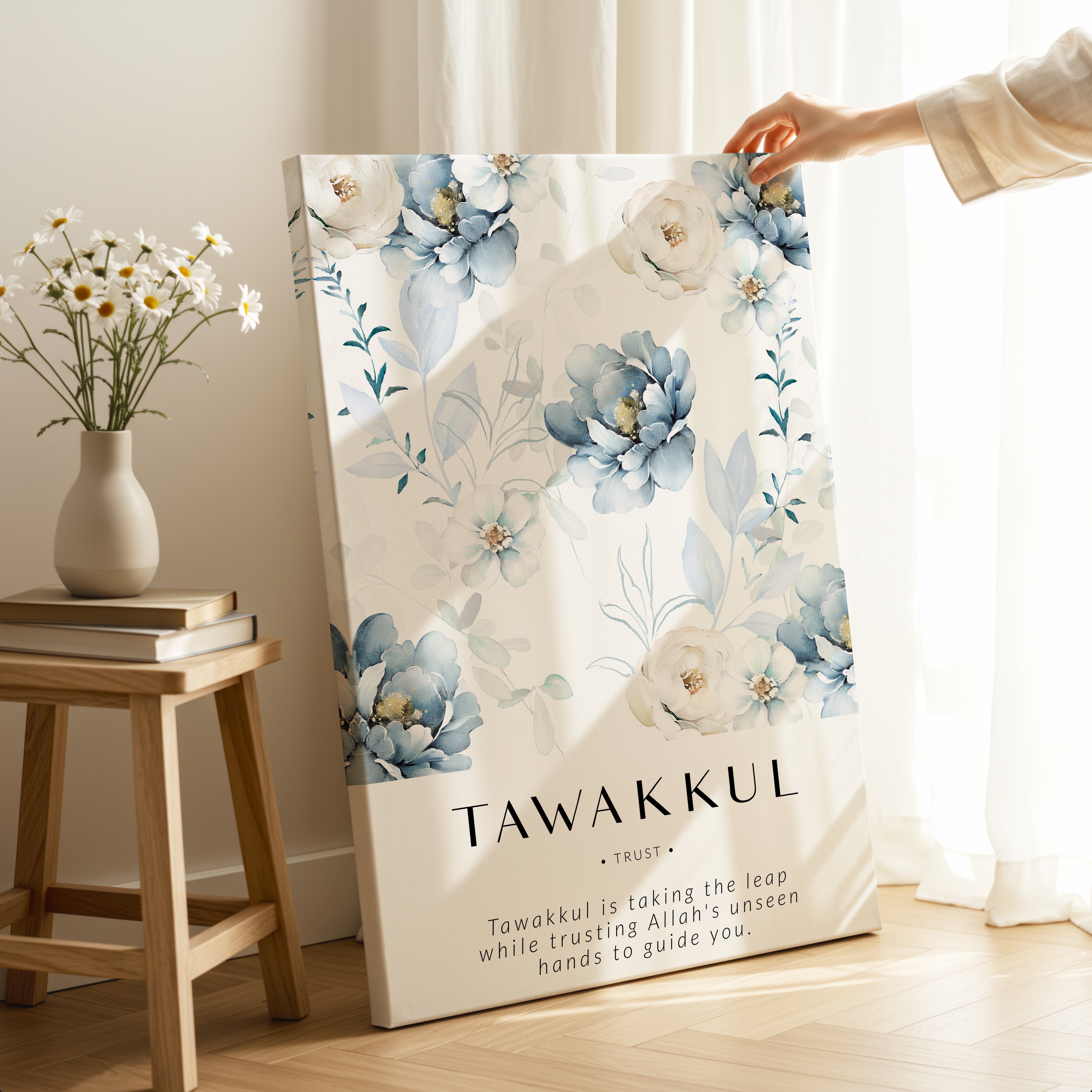 Tawakkul Islamic Wall Art – Blue Floral Trust Design | 4K Ultra Wrap Frame Wall Art in Pakistan | IBRELIA™