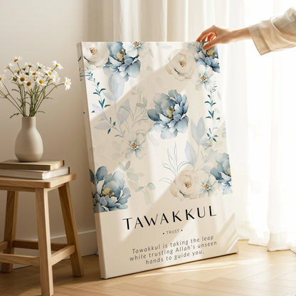 Tawakkul Islamic Wall Art – Blue Floral Trust Design | 4K Ultra Wrap Frame Wall Art in Pakistan | IBRELIA™ IBRELIA
