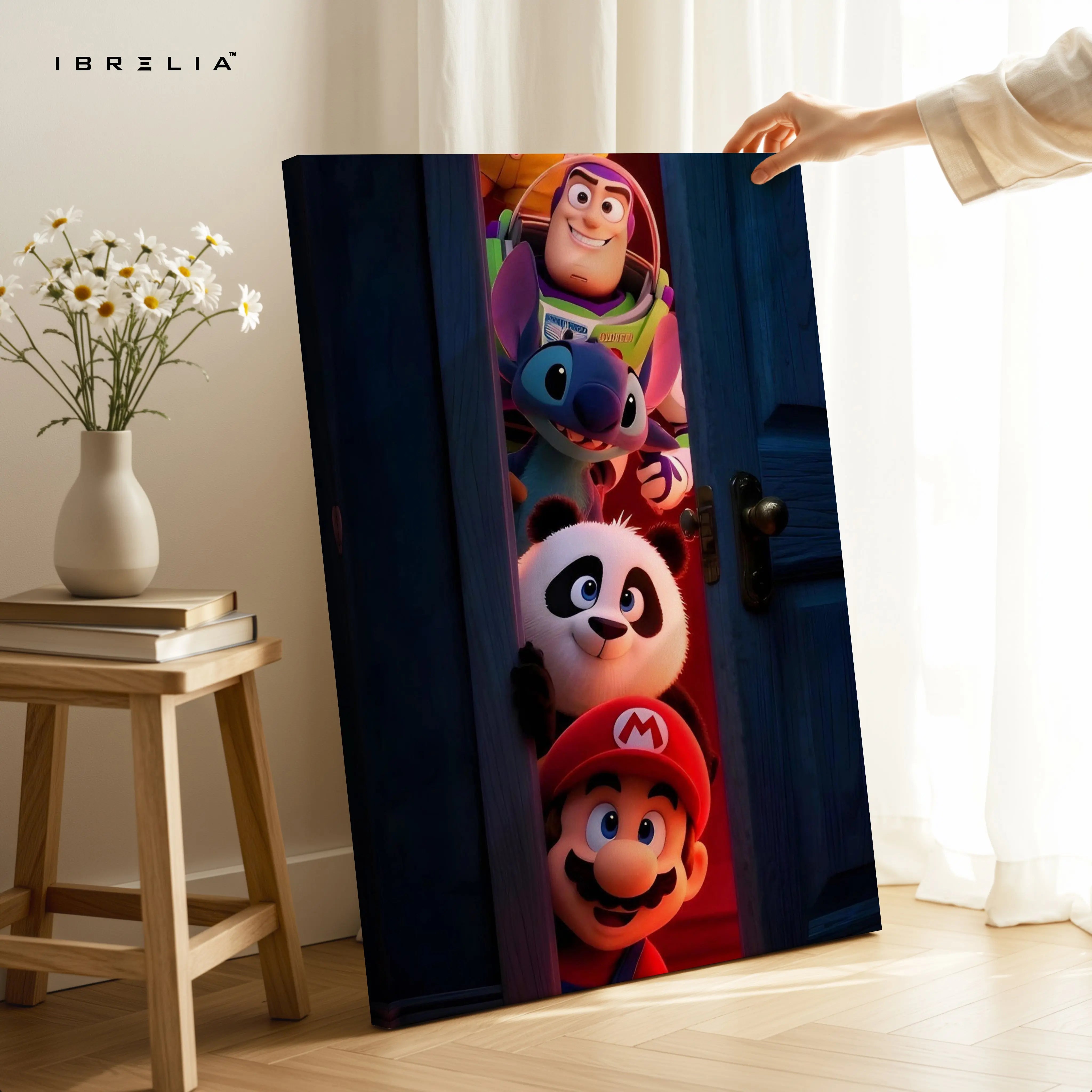 Cartoon Crossover Door Wall Art – Mario Buzz Stitch Panda Canvas Frame | Gaming & Character Decor Pakistan | IBRELIA™ IBRELIA