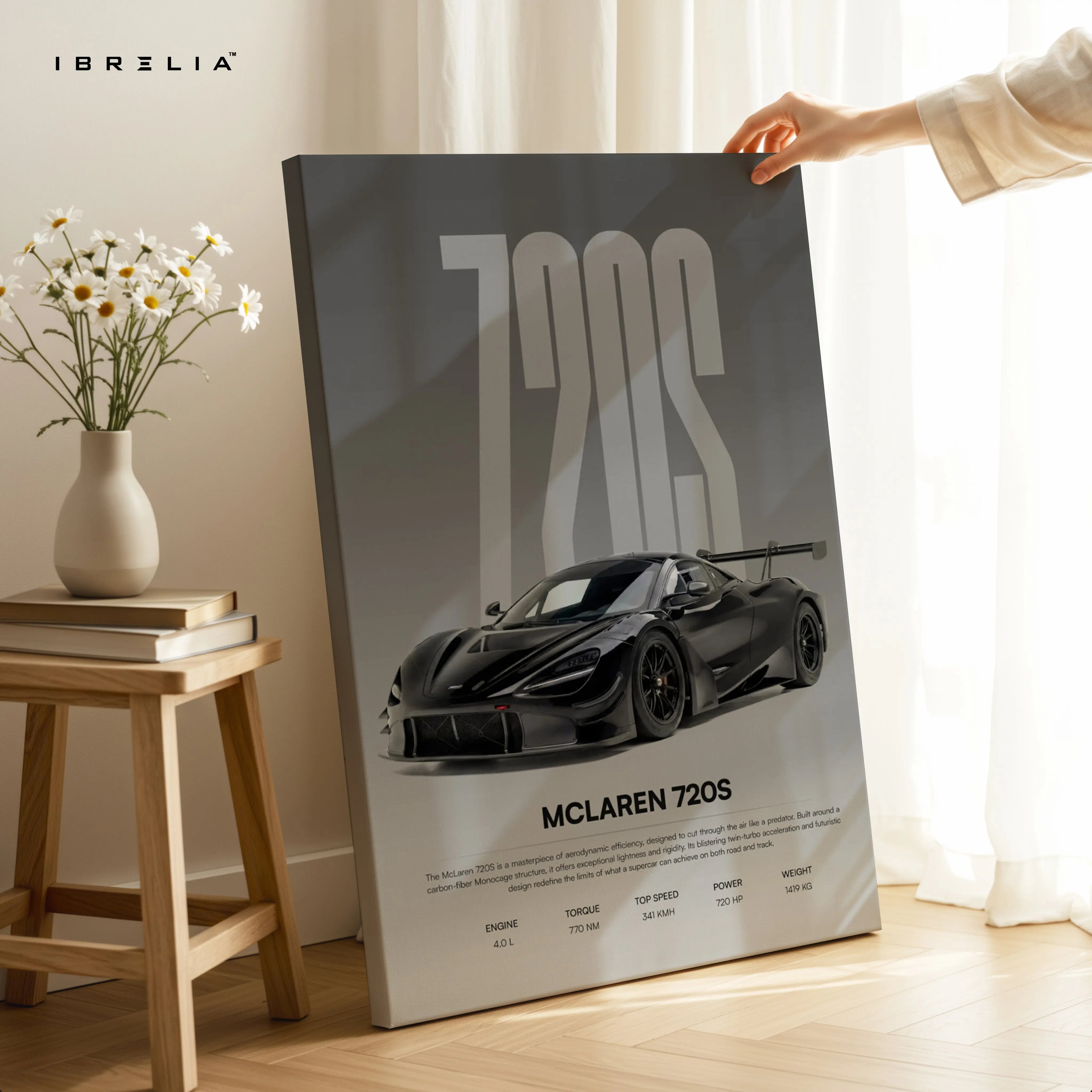 McLaren 720S Minimal Spec Poster Wall Art – Luxury Supercar Wall Art | 4K Ultra Wrap Frame Wall Art in Pakistan | IBRELIA™ IBRELIA