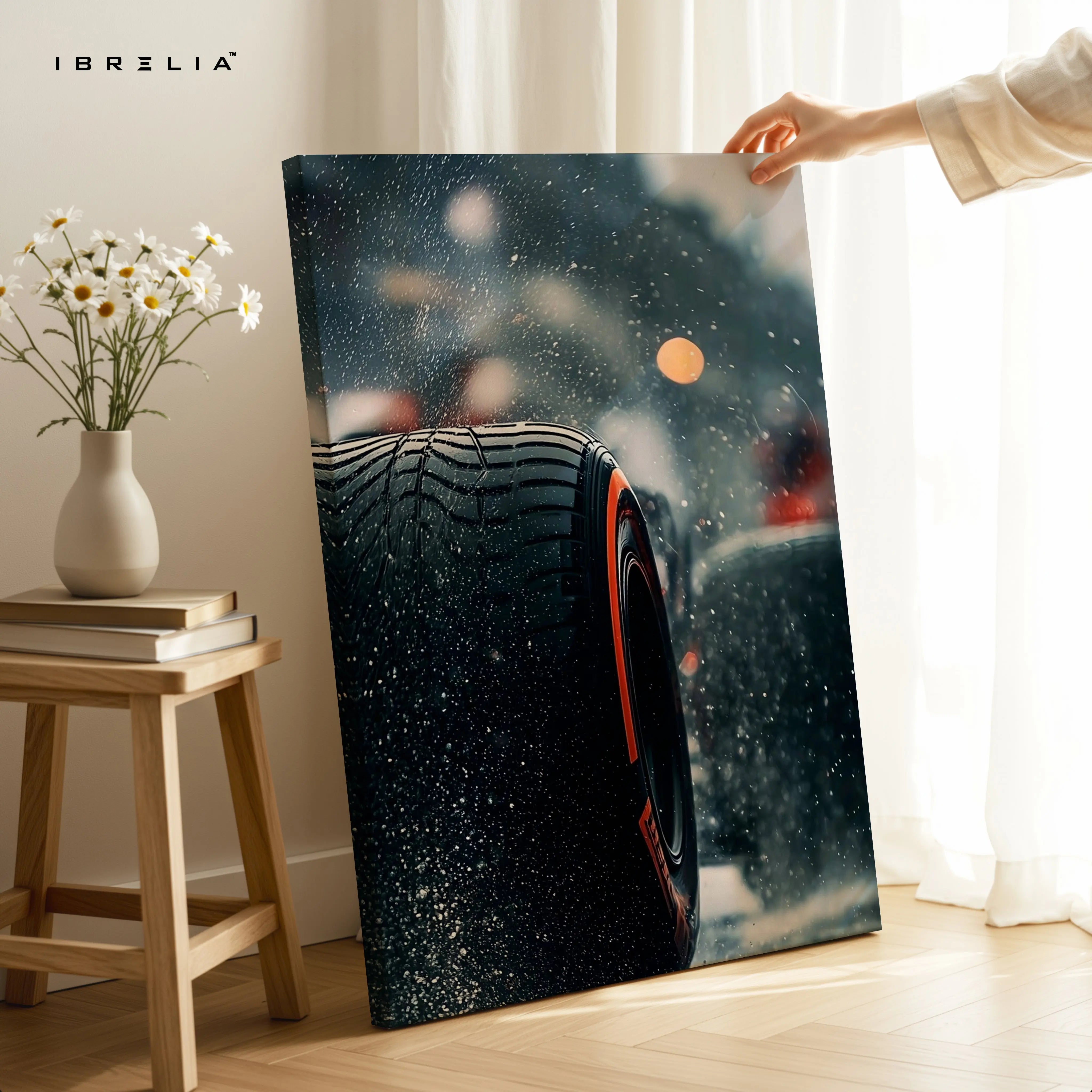 Performance Tire Rain Motion Wall Art – High Speed Automotive Canvas Frame Pakistan | Racing Detail Poster | IBRELIA™ IBRELIA
