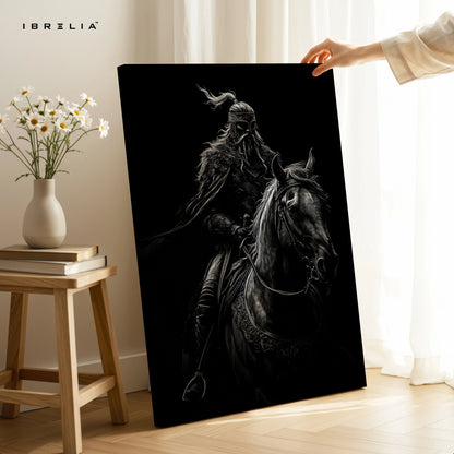Dark Warrior Wall Art – Viking Rider Canvas Frame | Black Aesthetic Horse Poster Pakistan | IBRELIA™ IBRELIA