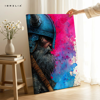 Viking Warrior Portrait Wall Art – Color Splash Norse Canvas Frame | Bold Warrior Illustration Poster Pakistan | IBRELIA™ IBRELIA