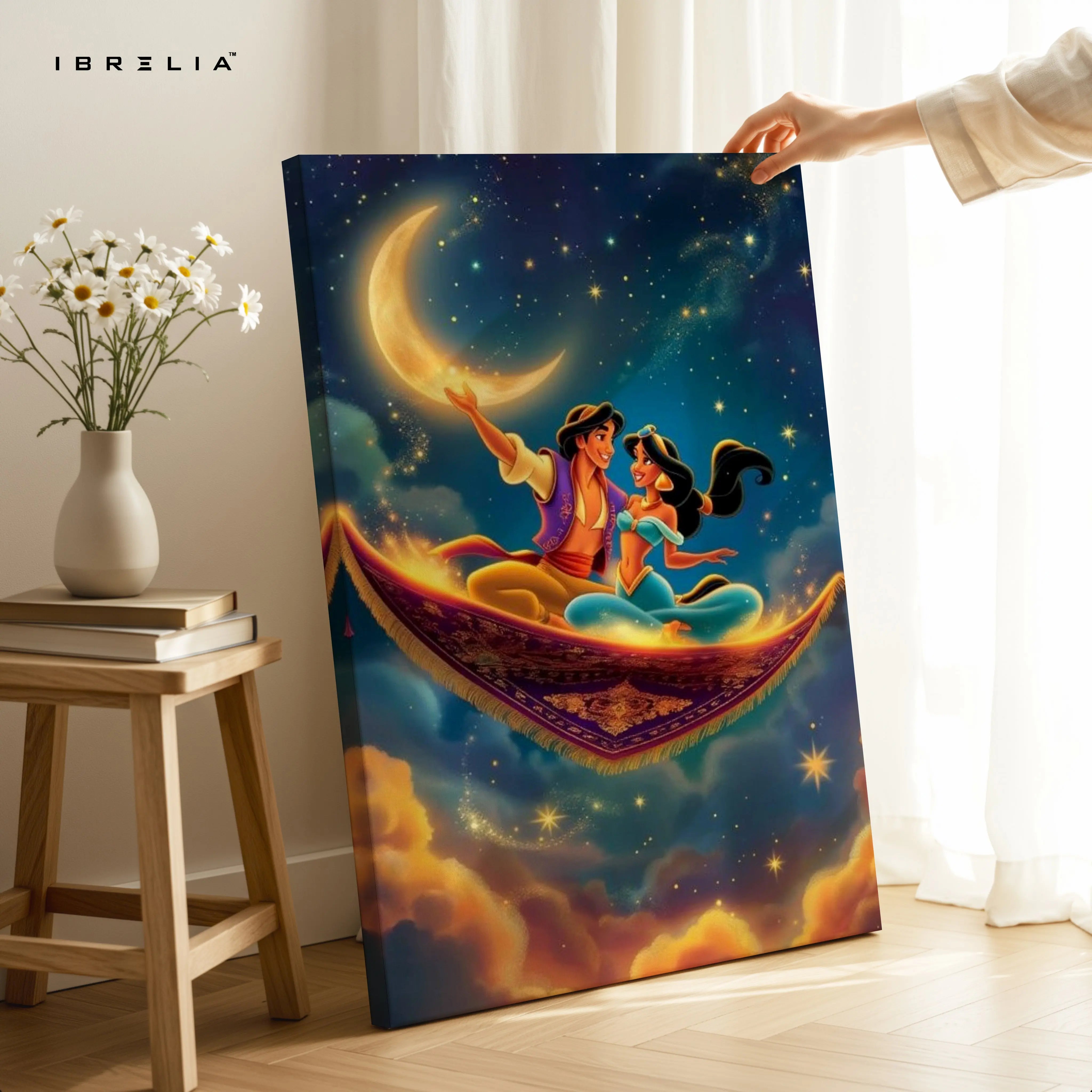 Magic Carpet Night Sky Wall Art – Romantic Fantasy Canvas Frame | Arabian Dream Decor Pakistan | IBRELIA™ IBRELIA