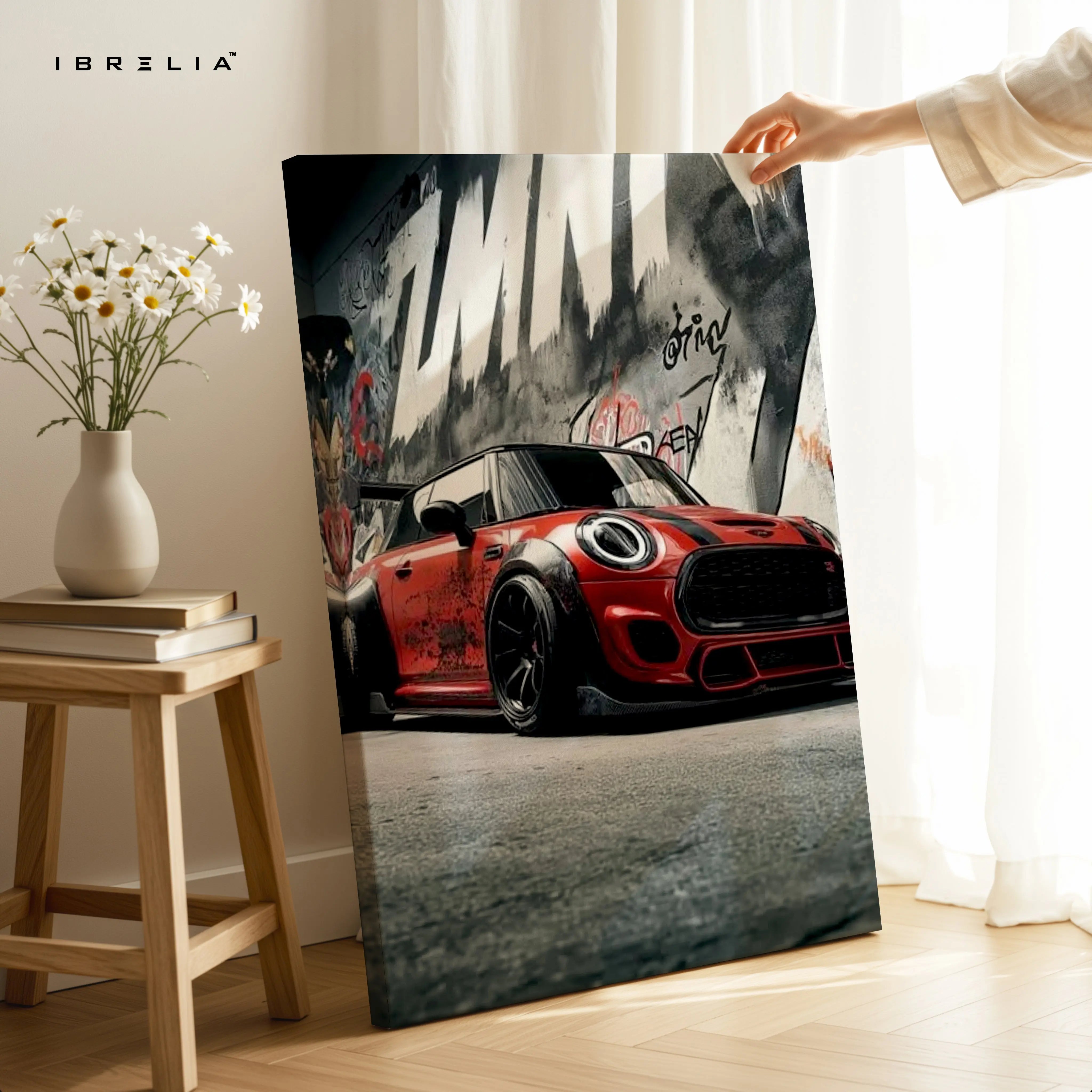 Mini Cooper Street Racing Wall Art – Urban Car Canvas Frame Pakistan | Graffiti Car Poster | IBRELIA™ IBRELIA