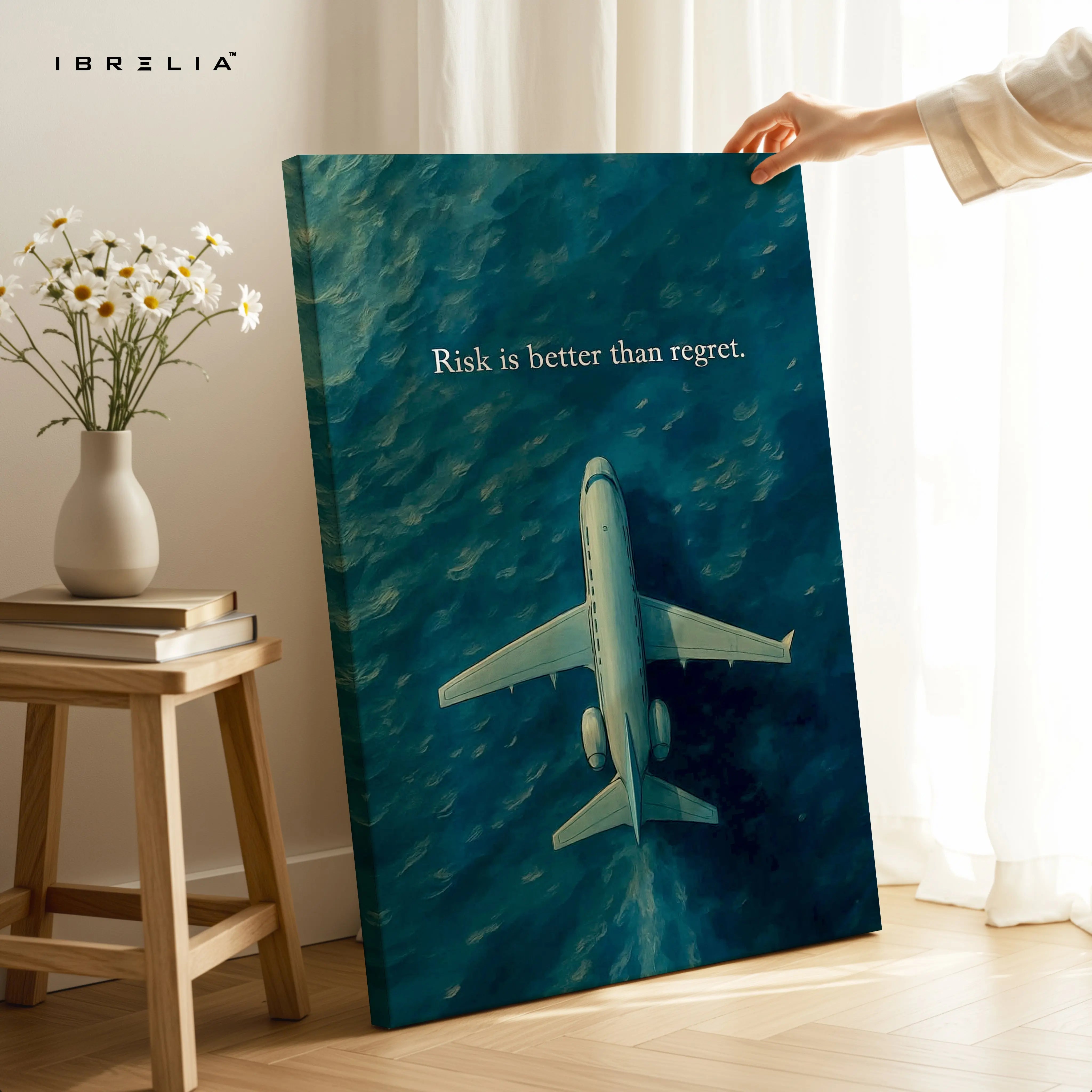 Risk Is Better Than Regret Wall Art – Airplane Motivation Canvas Frame | Minimal Travel Quote Poster Pakistan | IBRELIA™ IBRELIA