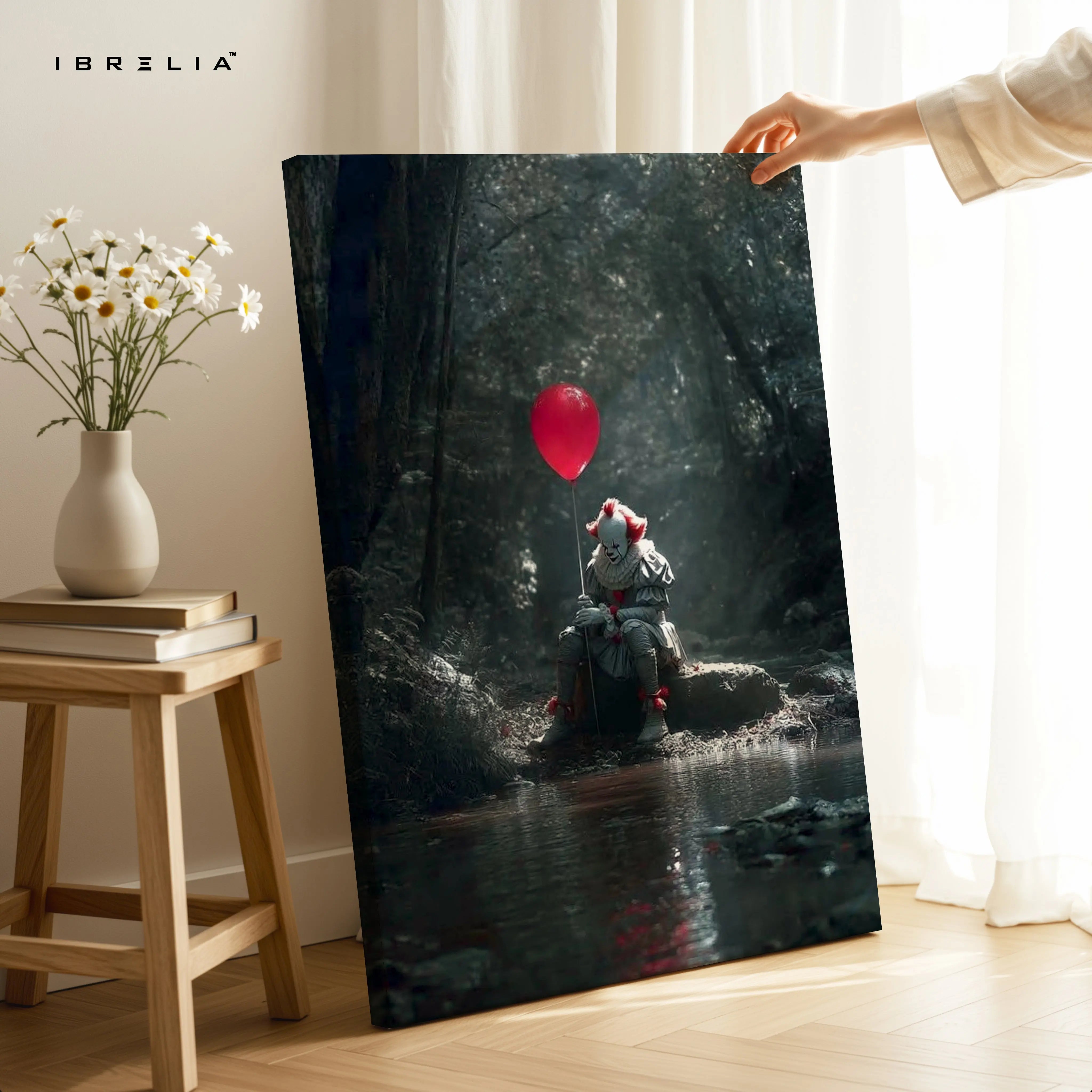 Pennywise Red Balloon Wall Art – IT Horror Movie Canvas Frame | Dark Cinematic Poster Pakistan | IBRELIA™ IBRELIA