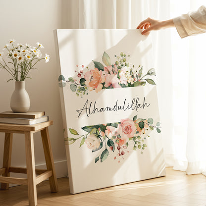 Alhamdulillah Islamic Wall Art – Elegant Floral Watercolor Design | 4K Ultra Wrap Frame Wall Art in Pakistan | IBRELIA™