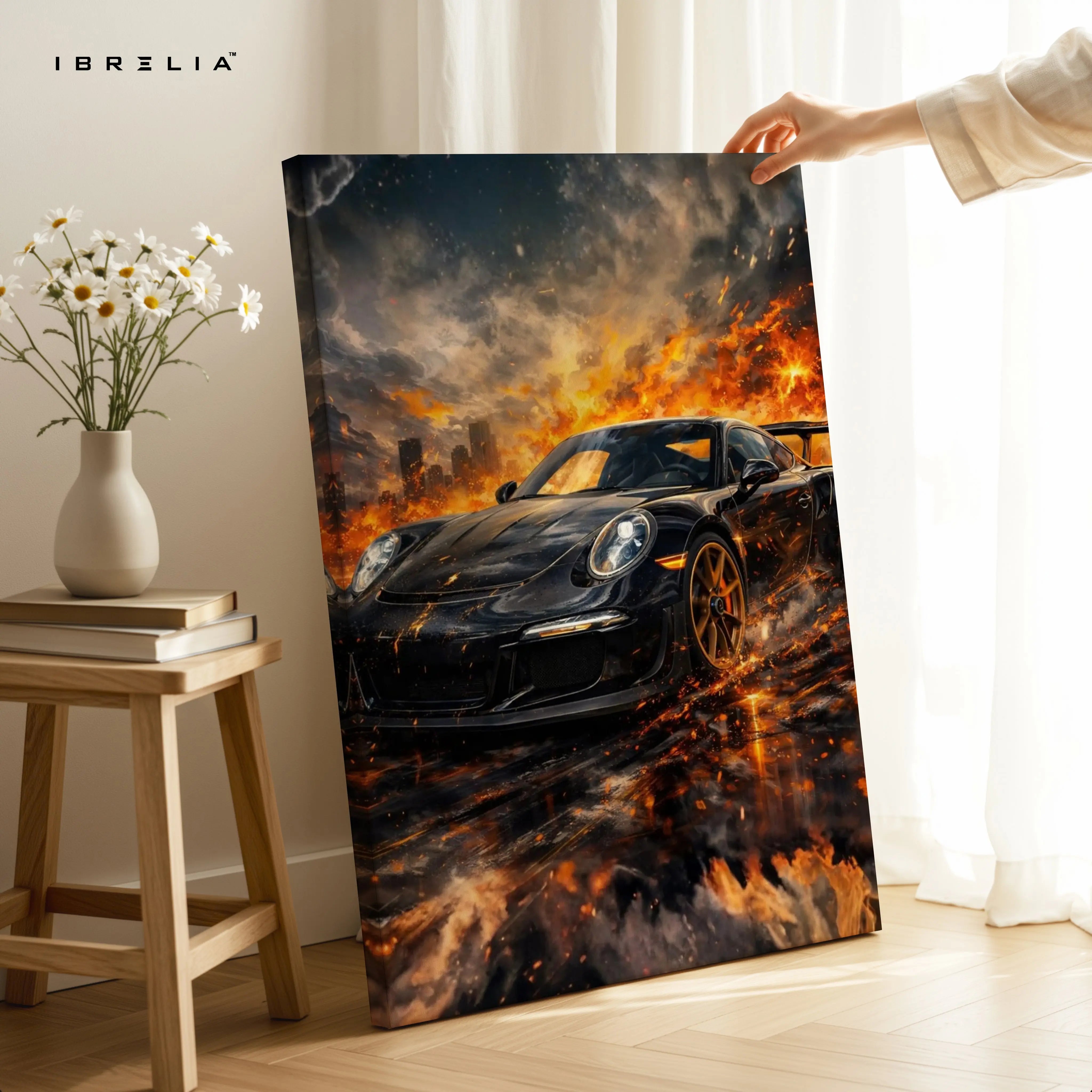 Porsche Firestorm Wall Art – Cinematic Supercar Explosion Poster | 4K Ultra Wrap Frame Wall Art in Pakistan | IBRELIA™ IBRELIA