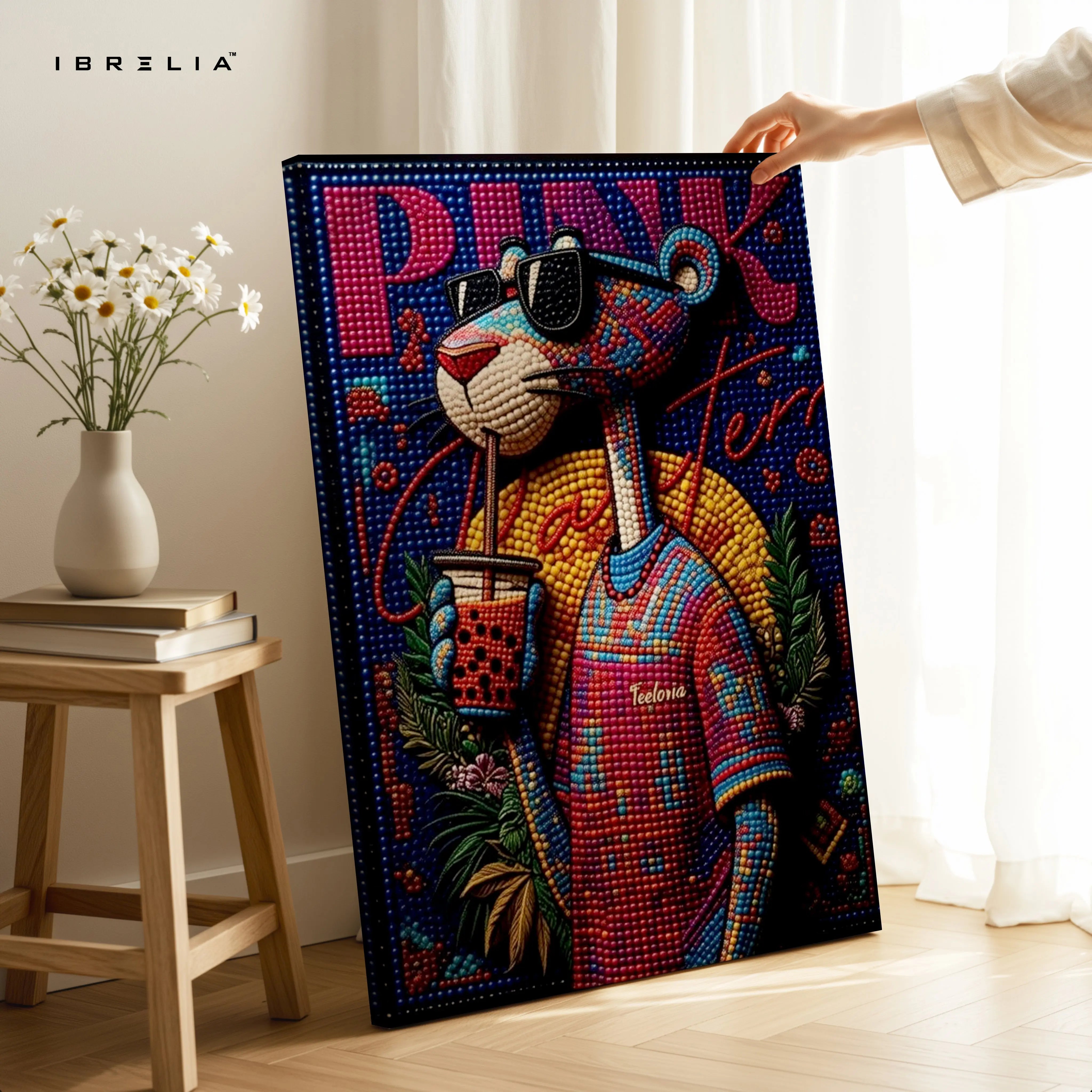 Pink Panther Bubble Tea Wall Art – Pop Art Cartoon Canvas Frame | Colorful Street Style Decor Pakistan | IBRELIA™ IBRELIA