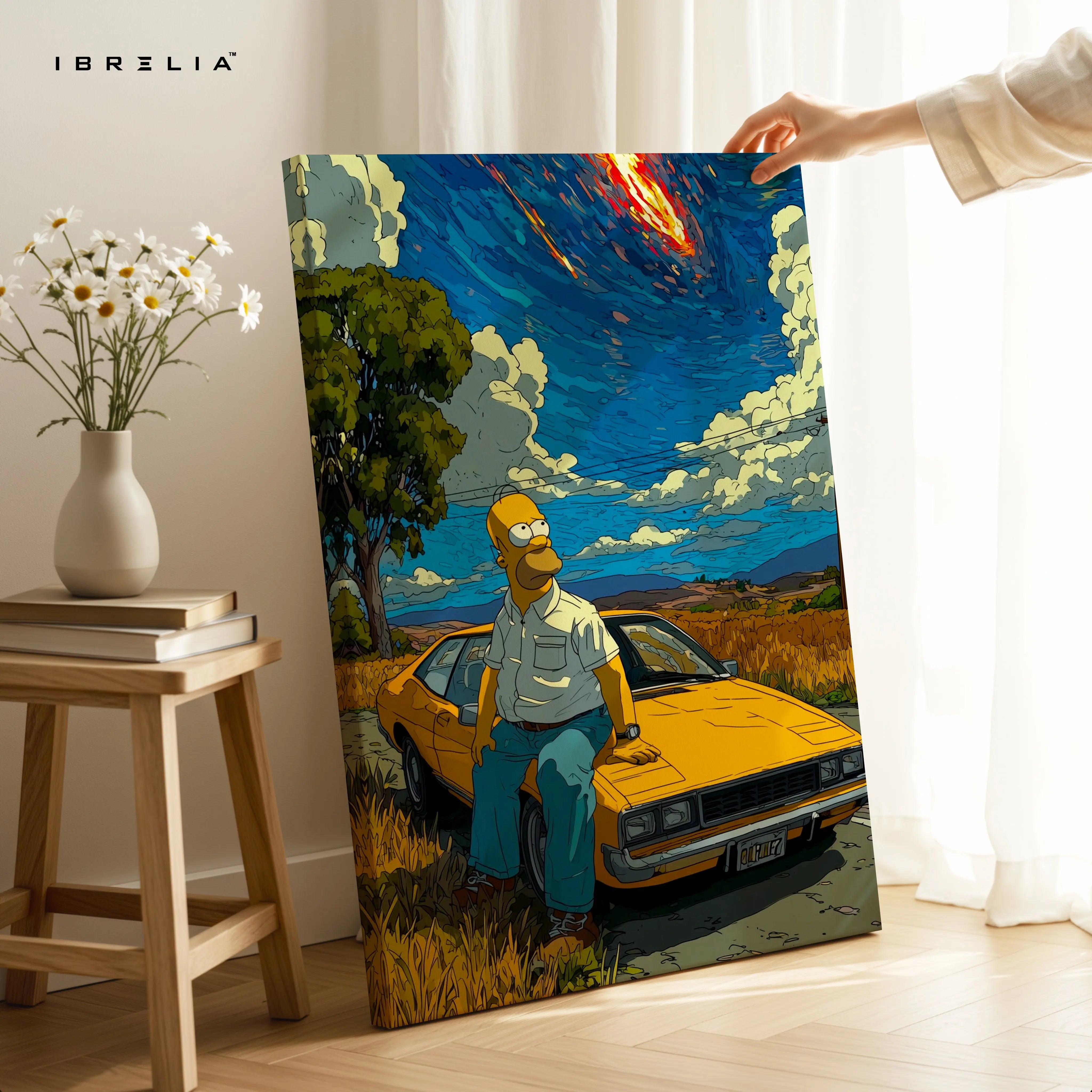 Cartoon Desert Sky Wall Art – Aesthetic Car Scene Canvas Frame | Cinematic Illustration Poster Pakistan | IBRELIA™ IBRELIA
