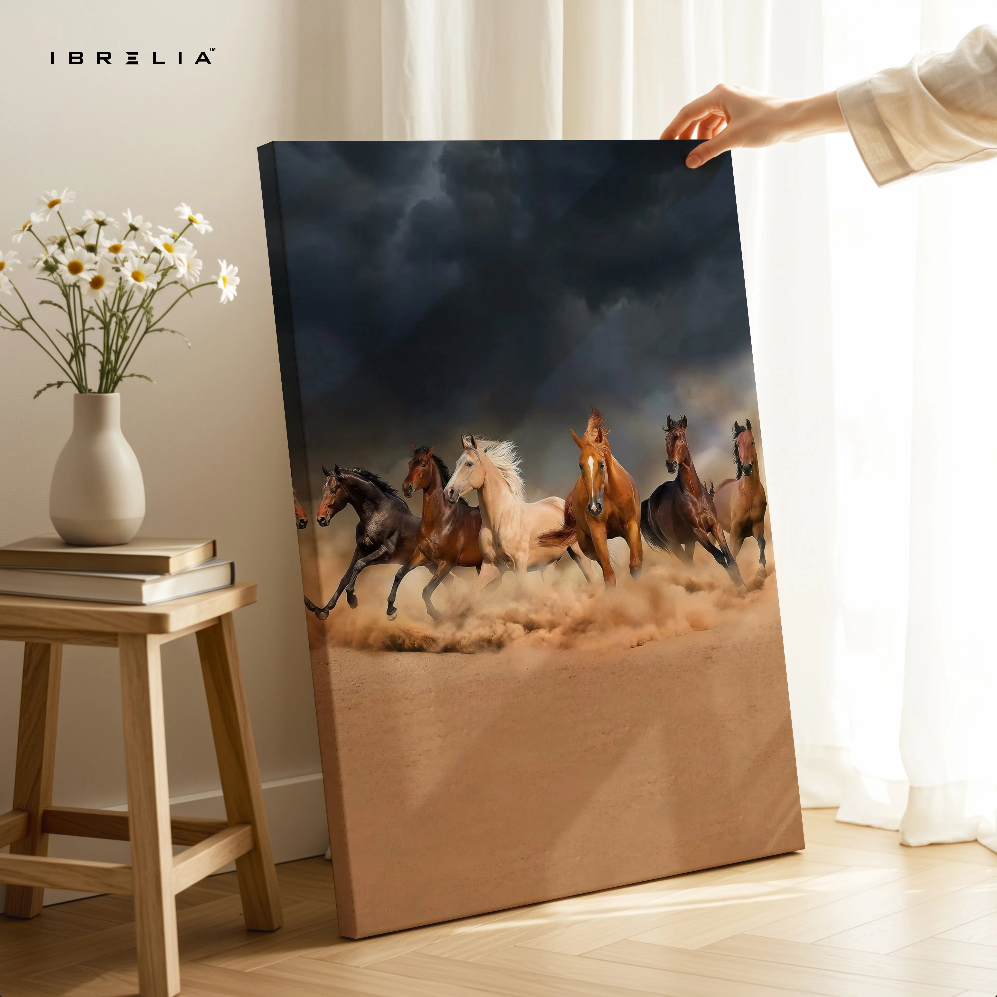Storm Stallions Charge Art – Wild Running Horses Dark Sky Wall Art | 4K Ultra Wrap Frame Wall Art in Pakistan | IBRELIA™ IBRELIA