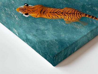 Tiger & Panther Swimming Wall Art – Minimal Wildlife Canvas Frame | Aesthetic Animal Poster Pakistan | IBRELIA™ IBRELIA