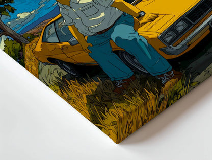 Cartoon Desert Sky Wall Art – Aesthetic Car Scene Canvas Frame | Cinematic Illustration Poster Pakistan | IBRELIA™ IBRELIA